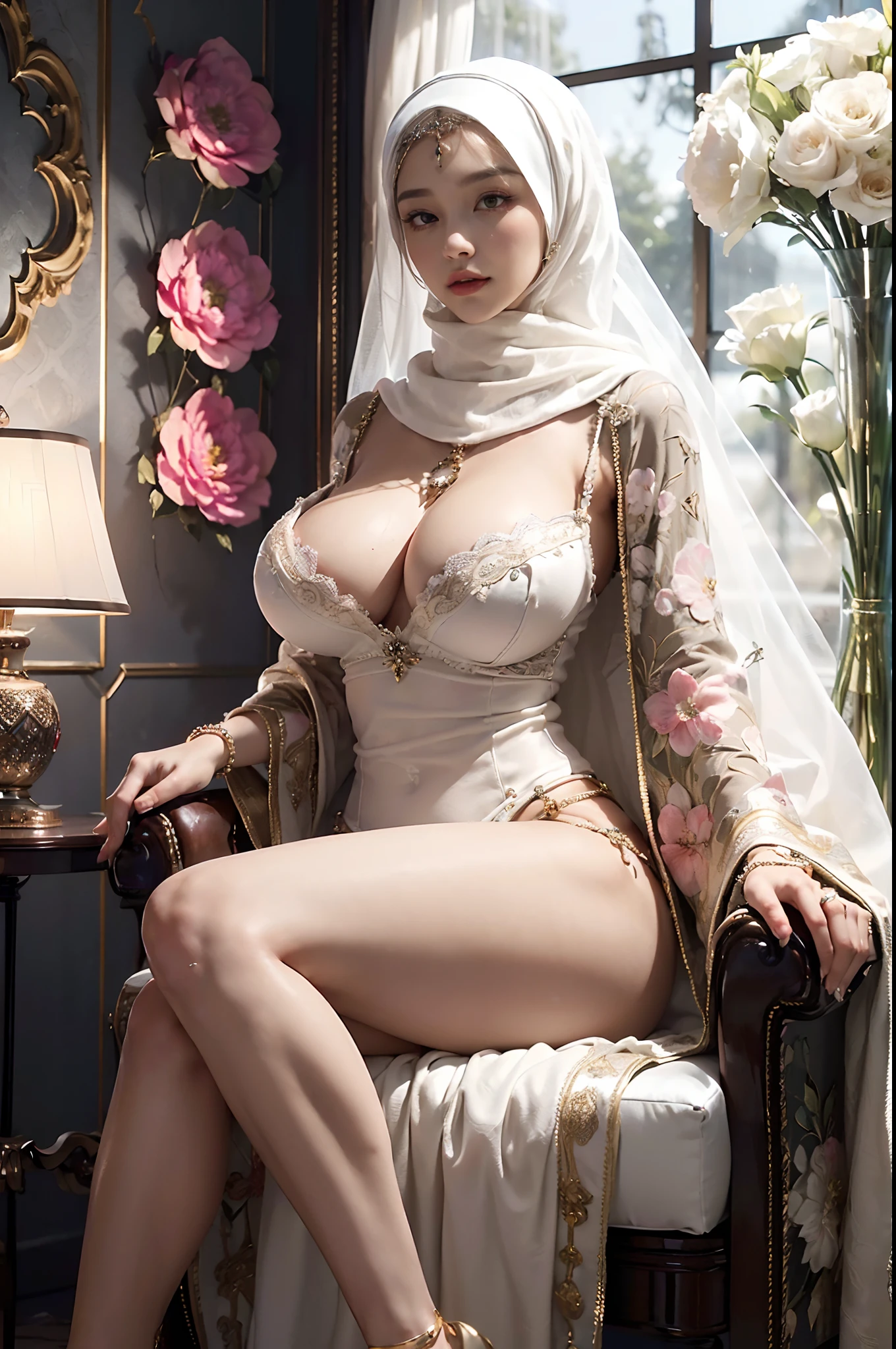 (beautifull lady with gigantic breast, wear detail luxury hijab and luxury super mini dress with flower motive, sit on luxury chair, (luxury blanket), (window with luxury frame), (luxury flower vase), (luxury small table), (luxury gift box), (luxury lamp), (luxury parfume bottle), (luxury ornament on the wall), (detail white strapless bra), (detail luxury kimono), (detail luxury garter belt), (detail luxury stocking), (detail luxury high heels), (luxury crown), (show cleaveage), (show underboobs) , (show sideboobs), (show thigh), (detail underboobs ornament), (detail luxury chest ornament), (detail luxury arm ornament), (detail hips ornament), (gigantic breast:1,9), beautifull face, beautifull eyes, beautifull nose, sexy lips, raytracing, nsfw, beautifull fingers, beautifull hands, sexy belly, sexy body, sexy shoulders, sexy legs, sexy hips, (luxury bracelet), (luxury ring), (luxury necklace), white skin, (perfect hand), (perfect fingers), closed up shoot, pretty makeup, good lighting, realistic shadow, professional photography, white and gold color scheme, 4k resolution, perfect anatomy