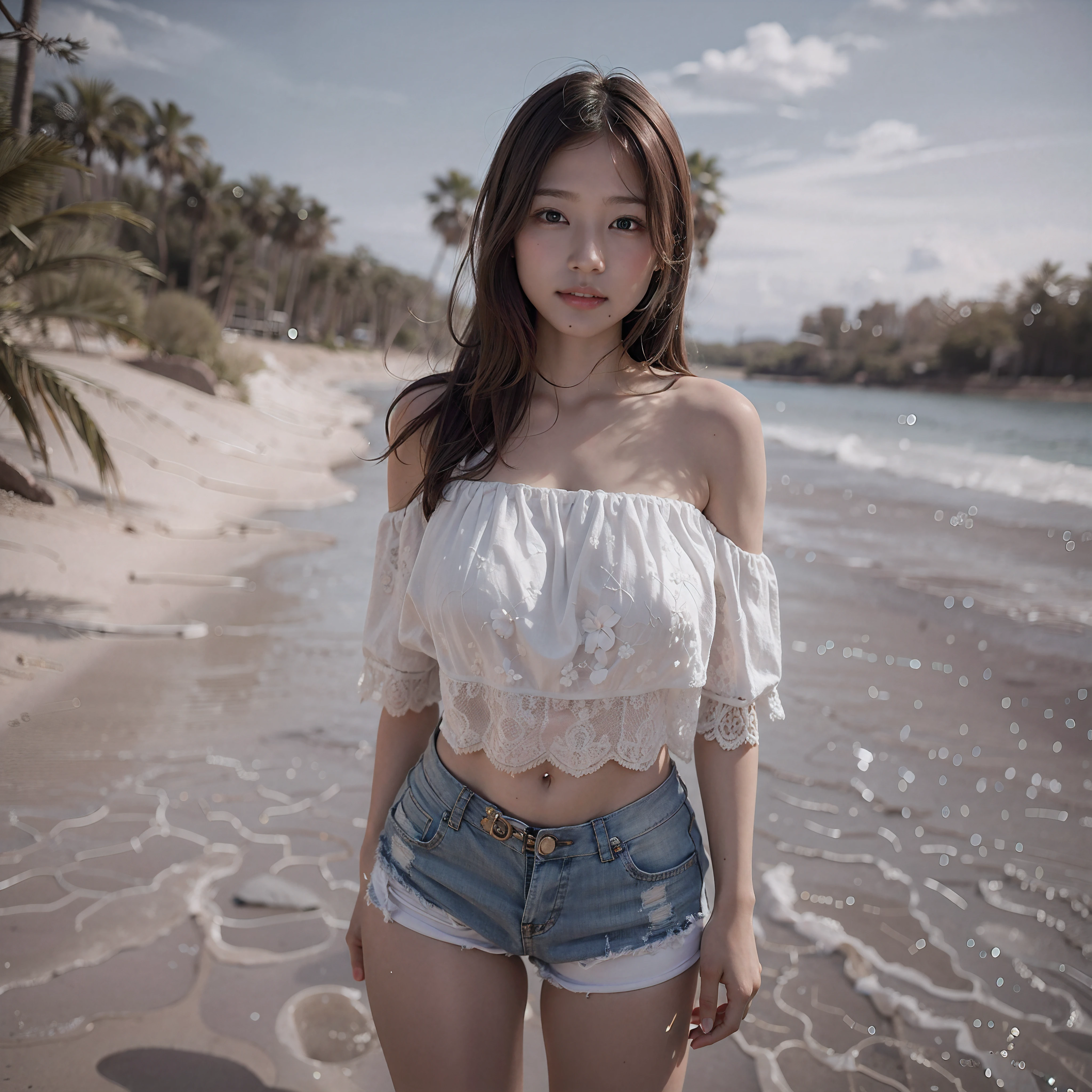 (16k, RAW photo, best quality, masterpiece: 1.2), (realistic: 1.6), (masterpiece), (best quality: 1.0), (super high resolution: 1.0), detail, , one, detail beautiful skin, detail room, ,realistic skin, middle breast, best quality, ultra high definition, cute, long hair, smile, , white lace underwear, , , sitting on bed,