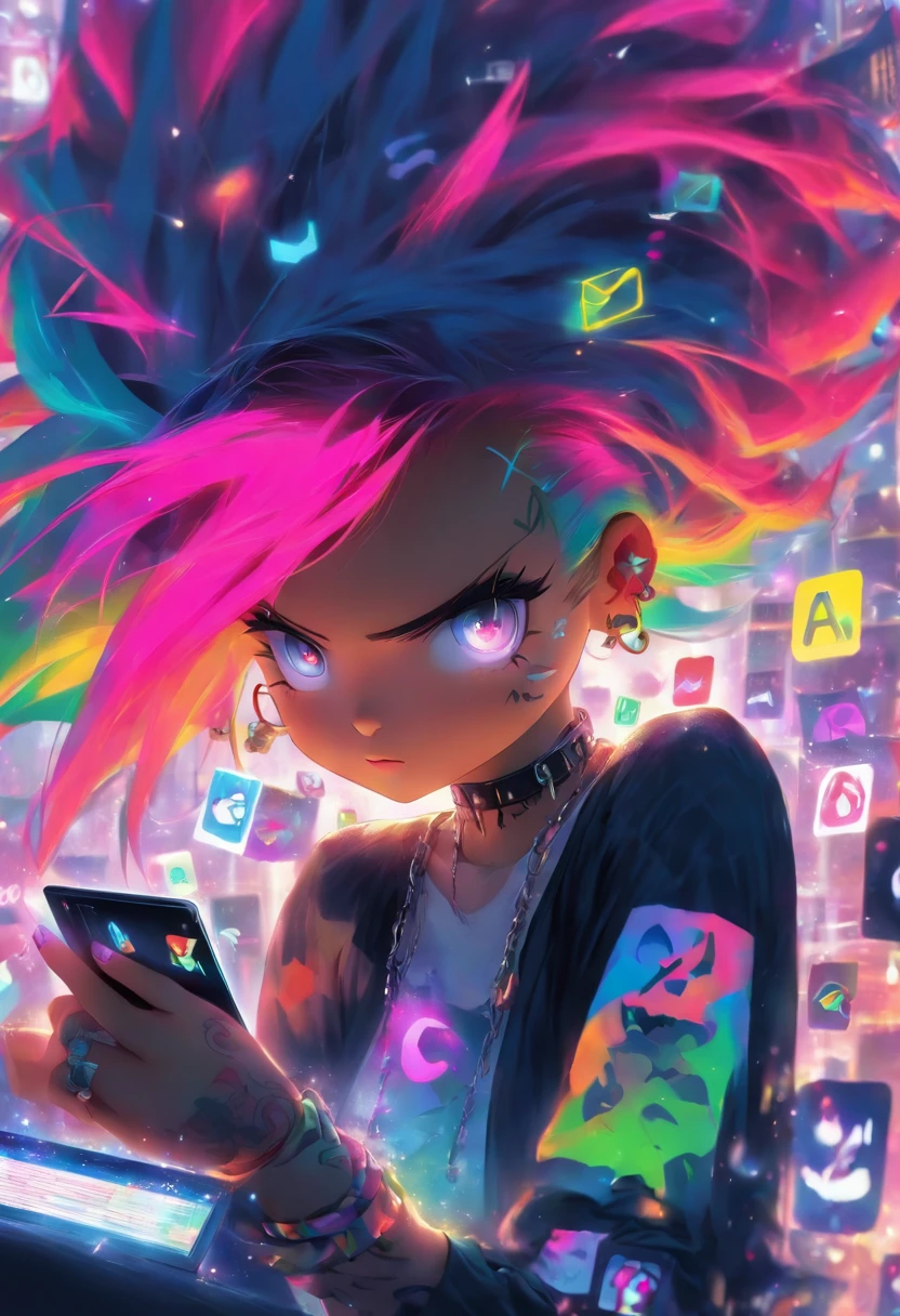 Punk style girl with rainbow hair reading her email messages on her laptop, Em segundo plano, Various Emails Message Envelope Symbols