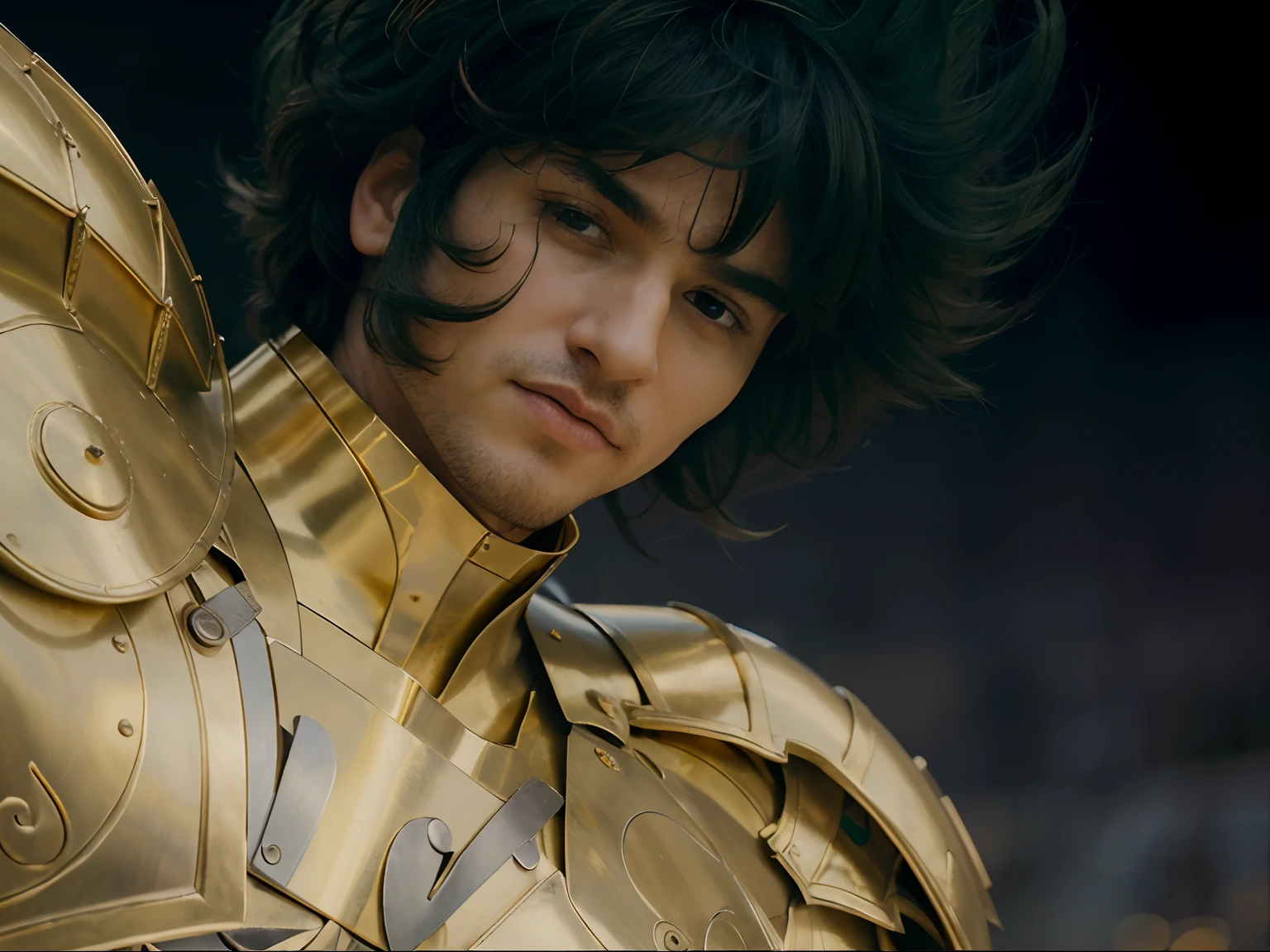 (masterpiece), (realistic) low angle, close up portrait of an man, (male), 30 years old, spanish, (1boy), solo, serious, looking at viewer, wearing an medieval armor, (full body armor), (golden armor), chrome gold, (detailed armor), (ornate armor), dark green hair, (hair blowing in wind), (hair chops), upper body, night and stars background, sharp focus, cinematic lighting,