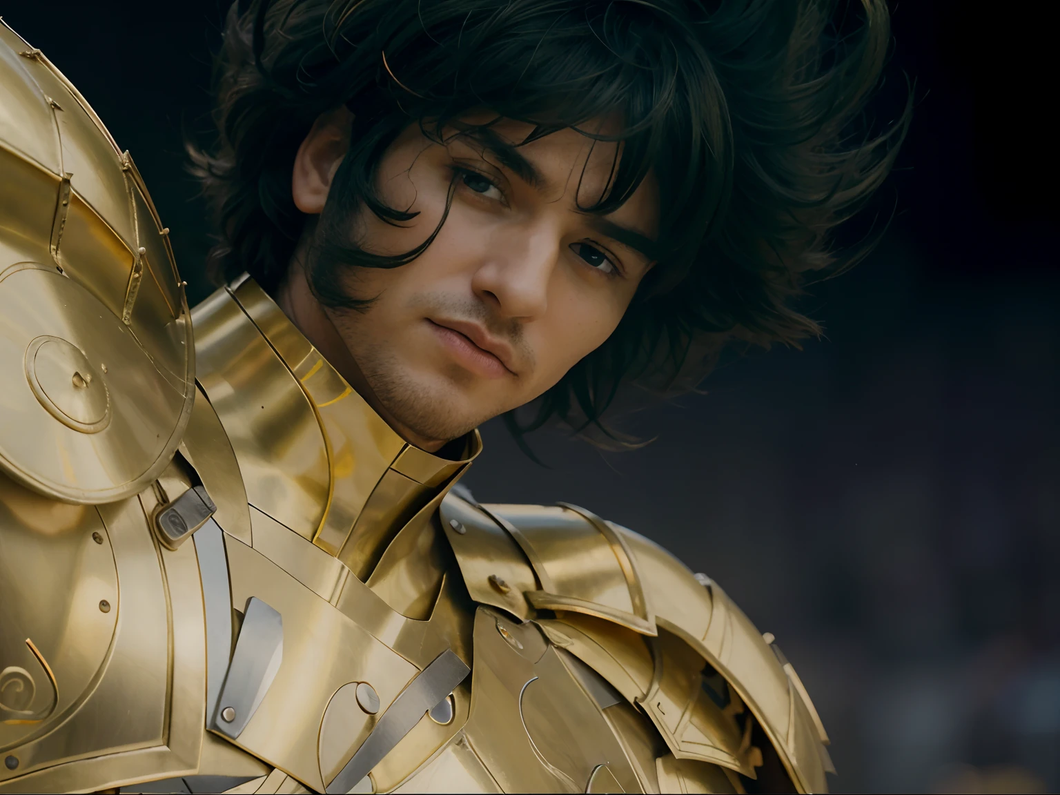 (masterpiece), (realistic) low angle, close up portrait of an man, (male), 30 years old, spanish, (1boy), solo, serious, looking at viewer, wearing an medieval armor, (full body armor), (golden armor), chrome gold, (detailed armor), (ornate armor), dark green hair, (hair blowing in wind), (hair chops), upper body, night and stars background, sharp focus, cinematic lighting,