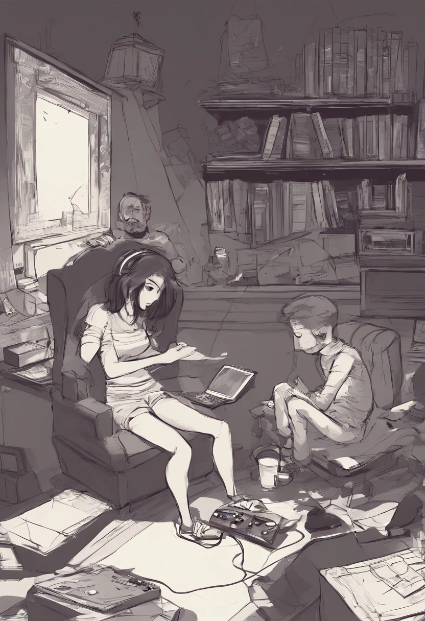 Crie dois personagens no estilo Pixar.uma mulher branca,de cabelo castanho,todo preso,usando pijama curto,She's using a black alienware laptop.o outro,It's a white man with black hair,in knee-high shorts,sem camisa,usando um pc gamer com led.quarto de games escuro com quadros do senhor dos aneis. crie uma imagem de perfil, com os dois personagens virados o mesmo lado usando a mesma mesa. He's further down, to the right of it