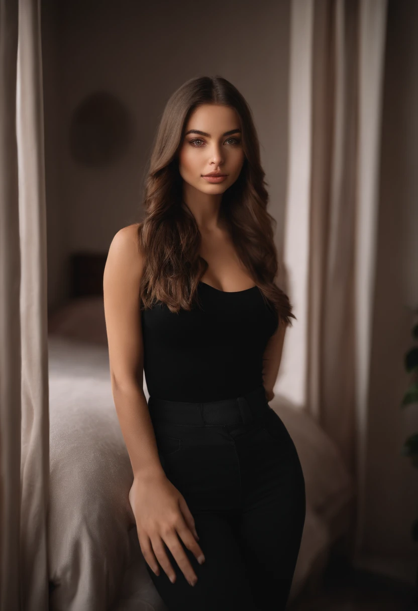 arafed woman with black clothes, sexy girl with brown eyes, portrait sophie mudd, brown hair and large eyes, selfie of a young woman, bedroom eyes, violet myers, without makeup, natural makeup, looking directly at the camera, face with artgram, subtle makeup, stunning full body shot, in bedroom, cleavage