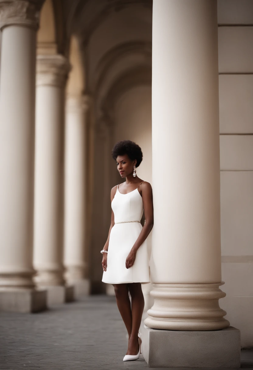 A woman, tall, black, beautiful, model body, short Afro hair, dark brown eyes, 30 years old, with a beautiful luxurious white prada dress clinging to her body up to the heel, and white flat shoes, a white bag on her shoulders. shoulders. Very elegant and attractive, in Viena, Austria
