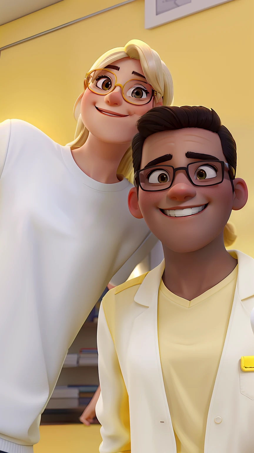A woman in glasses smiling dressed in white and a man smiling dressed in light yellow with a yellow background