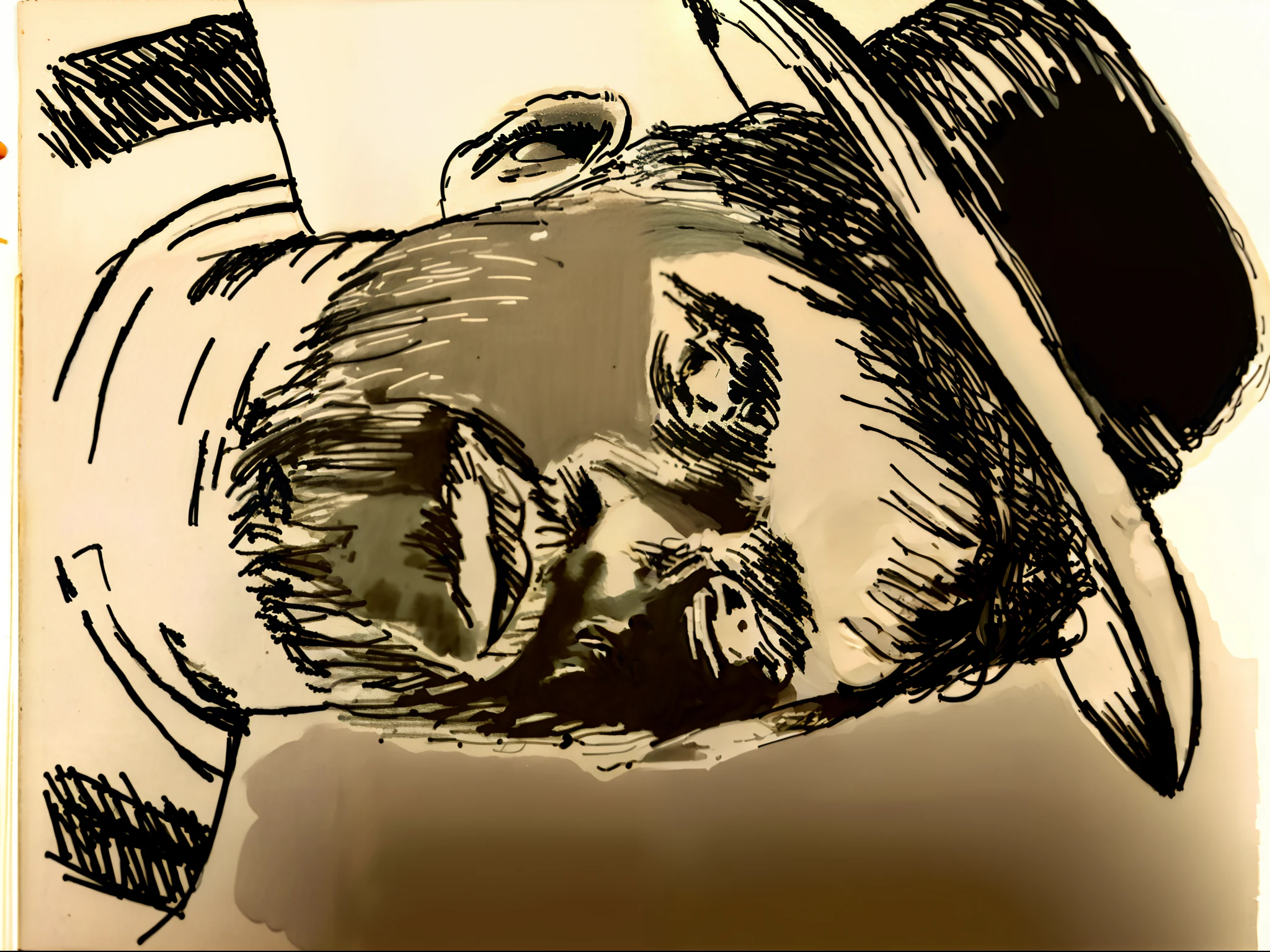 Drawing of a man with a hat and a tie, desenhado em papel, inspirado em Joseph Beuys, retrato ampliado de um duque, desenho a tinta digital, um desenho a tinta digital, character with a hat, desenhado em caneta de ponta fina, Retrato de Jean Giraud, inspirado em James Dickson Innes, desenho a tinta vetorial, um retrato do personagem, Ink pen sketch