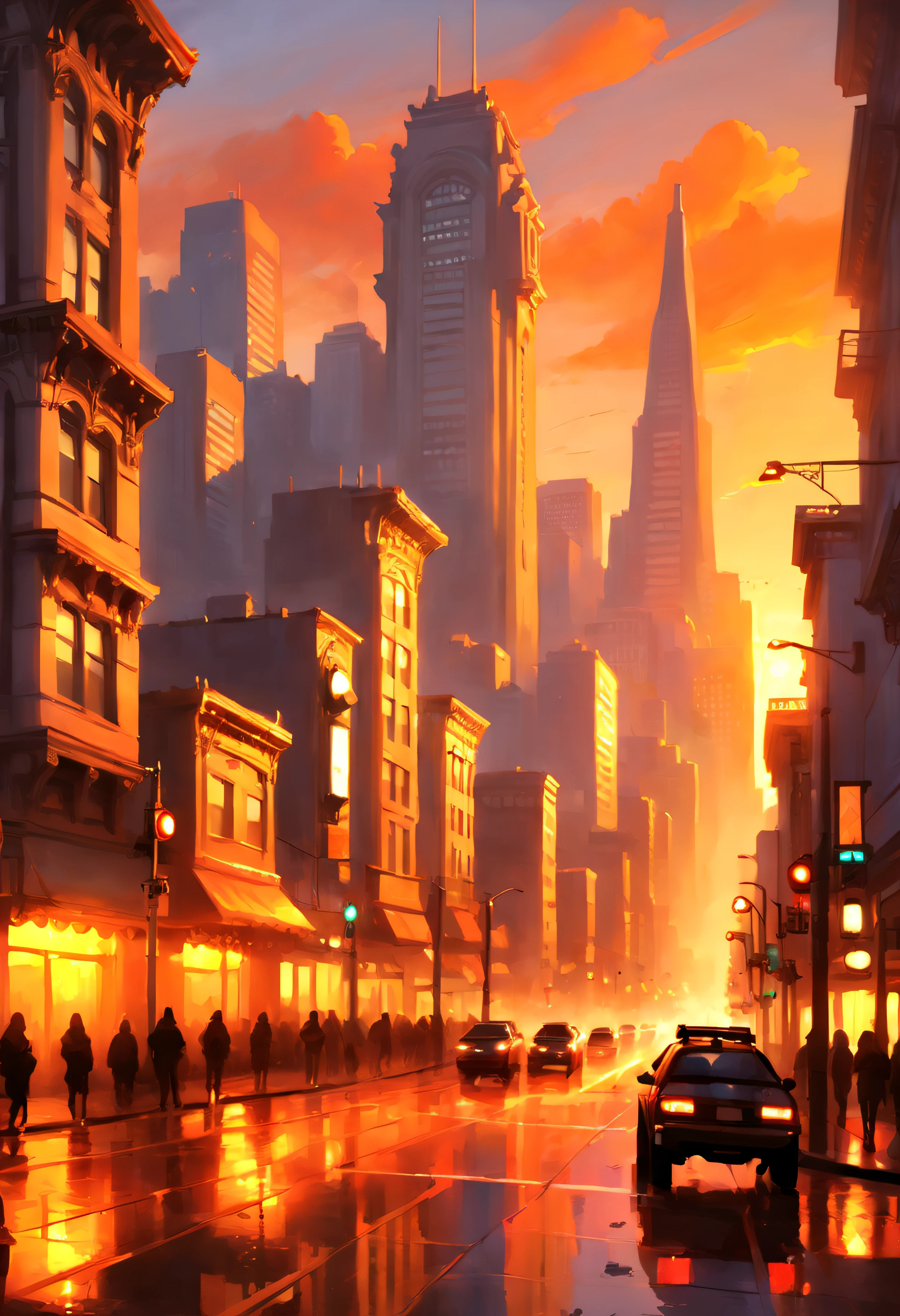 San francisco downtown, sunset, Painted By Andreas Rocha