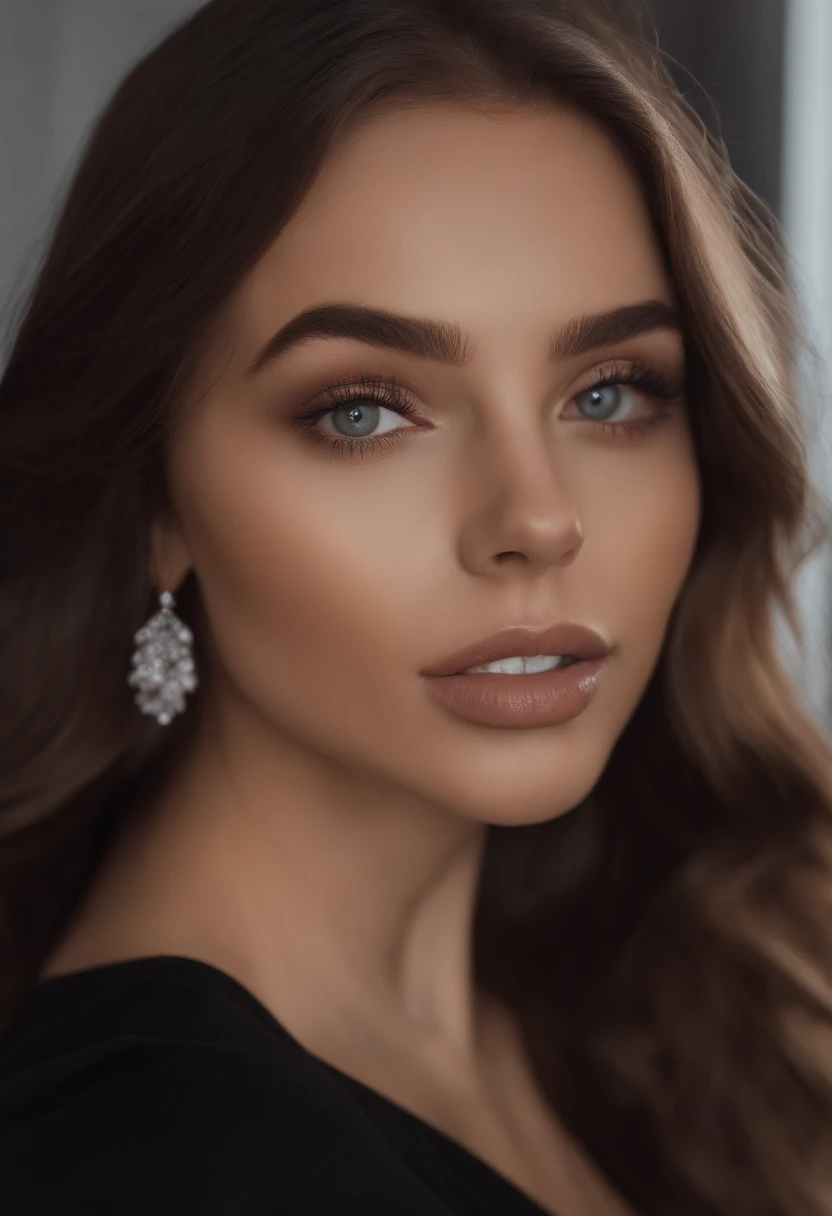 arafed woman with black clothes, sexy girl with brown eyes, portrait sophie mudd, brown hair and large eyes, selfie of a young woman, bedroom eyes, violet myers, without makeup, natural makeup, looking directly at the camera, face with artgram, subtle makeup, stunning full body shot, in bedroom, cleavage