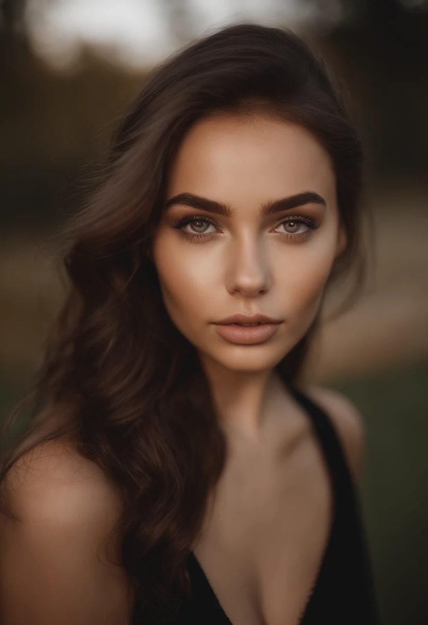 arafed woman with black clothes, sexy girl with brown eyes, portrait sophie mudd, brown hair and large eyes, selfie of a young woman, bedroom eyes, violet myers, without makeup, natural makeup, looking directly at the camera, face with artgram, subtle makeup, stunning full body shot, in bedroom, cleavage