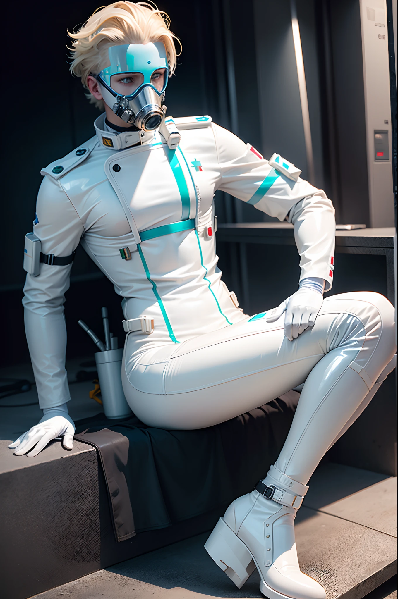 (sci fi)Male in all white latex body suit, blonde hair, hands visible, hair visible, pale skin, gloves, boots, gas mask