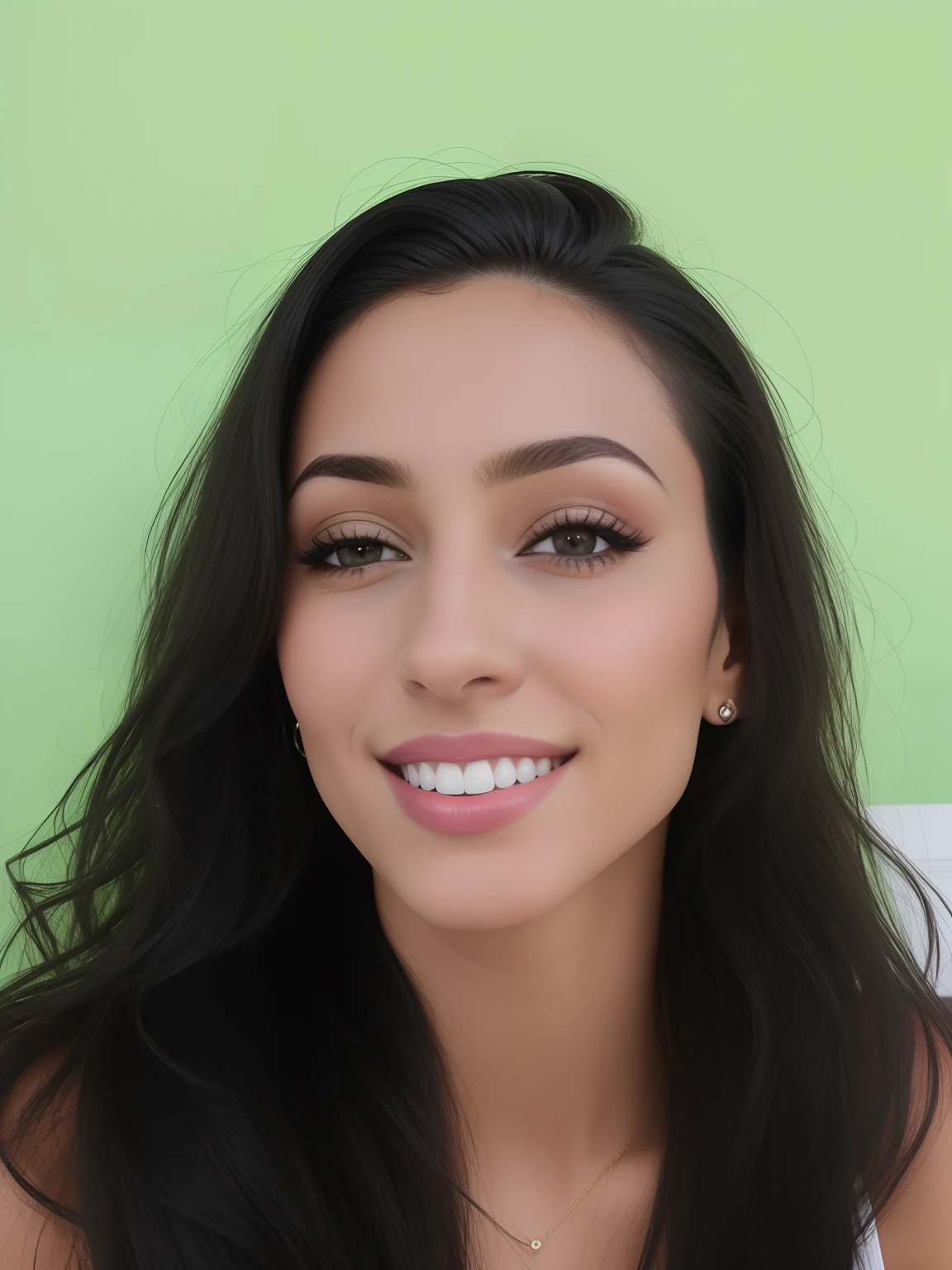 mulher sorridente com cabelo preto longo e uma parede verde, fernanda suarez, Estefania Villegas Burgos, Malika Favre, (38 anos), imagem frontal, Anastasia Ovchinnikova, sem maquiagem, 3 0 anos de idade mulher, Mulher de 30 anos, Ekaterina, full - rosto close - retrato para cima