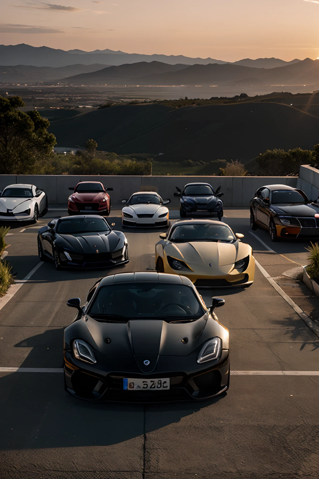 Sportcars lined up, sunset