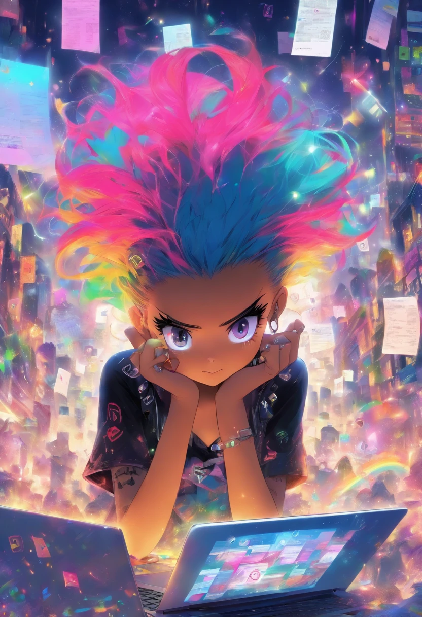 Punk style girl with rainbow hair reading her email messages on her laptop, In the background various e-mails message envelope symbols