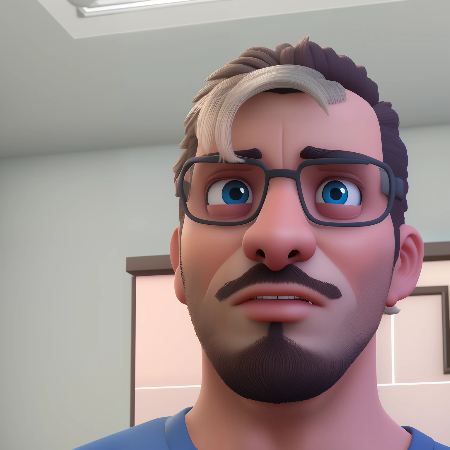 Man with glasses with well-groomed beard , cabelo escuro, close - retrato facial de cima, Personagem de close up, Personagem close up, close-up do personagem, Como um personagem da Pixar, closeup retrato de personagem, semi-realistic rendering, renderizado em sfm, renderizado no motor arnold, pixar retrato 8 k foto, retrato de personagem de closeup, renderizar na pixar