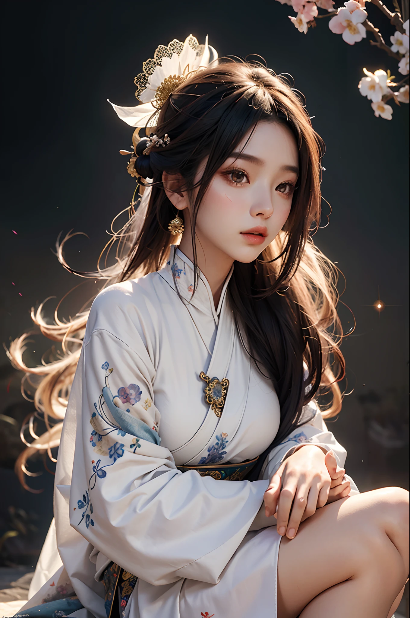zhongfenghua, 1girl, (full body) solo, hanfu, flower field, blossom, (white smokes:1.3) (photorealistic:1.4), zentangle, mandala, entangle, official art, unity 8k wallpaper, ultra detailed, beautiful and aesthetic, masterpiece,best quality, (dynamic angle:1.4), glowing skin, (floating colorful sparkles:1) the most beautiful form of chaos, elegant, a brutalist designed, vivid colours, romanticism depth of field,