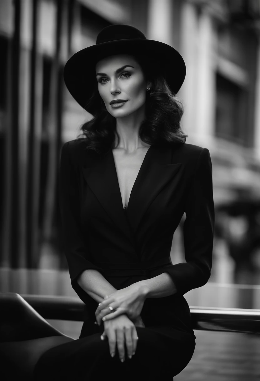 a beautiful woman of about 30 years old, tall, almost white brunette, thin like a fitness muse, sensual without being vulgar, dressed in a black Prada dress with shoulder pads that reach the knee, tight to the body, with a black hat feminine matching the dress, very elegant, high and pointed heel shoes