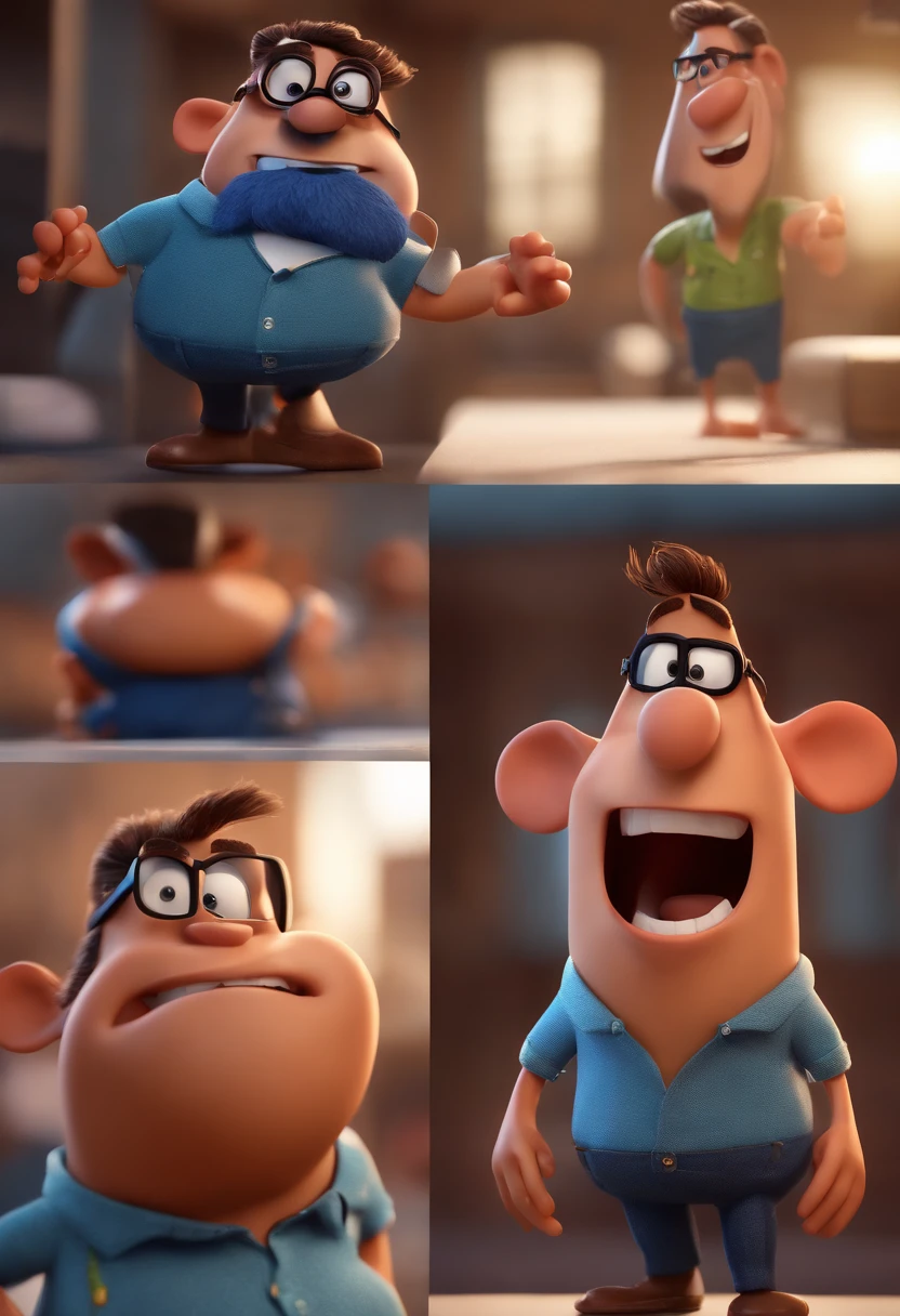 Cartoon character of a man with black glasses and a blue shirt, animation character, Caractere estilizado, animation style rendering, 3D estilizado, Arnold Maya render, 3 d render stylized, toon render keyshot, Personagem 3D, Personagem 3D, 3d rendering stylized, 3 d character render, personagem de desenho animado, Personagem de close up, Pose de personagem, (Estilo Pixar) (master part:1.2) (Bokeh) (best quality) (pele detalhada) (textura detalhada) (8k) (argila) (Cinematic lighting) (foco nítido