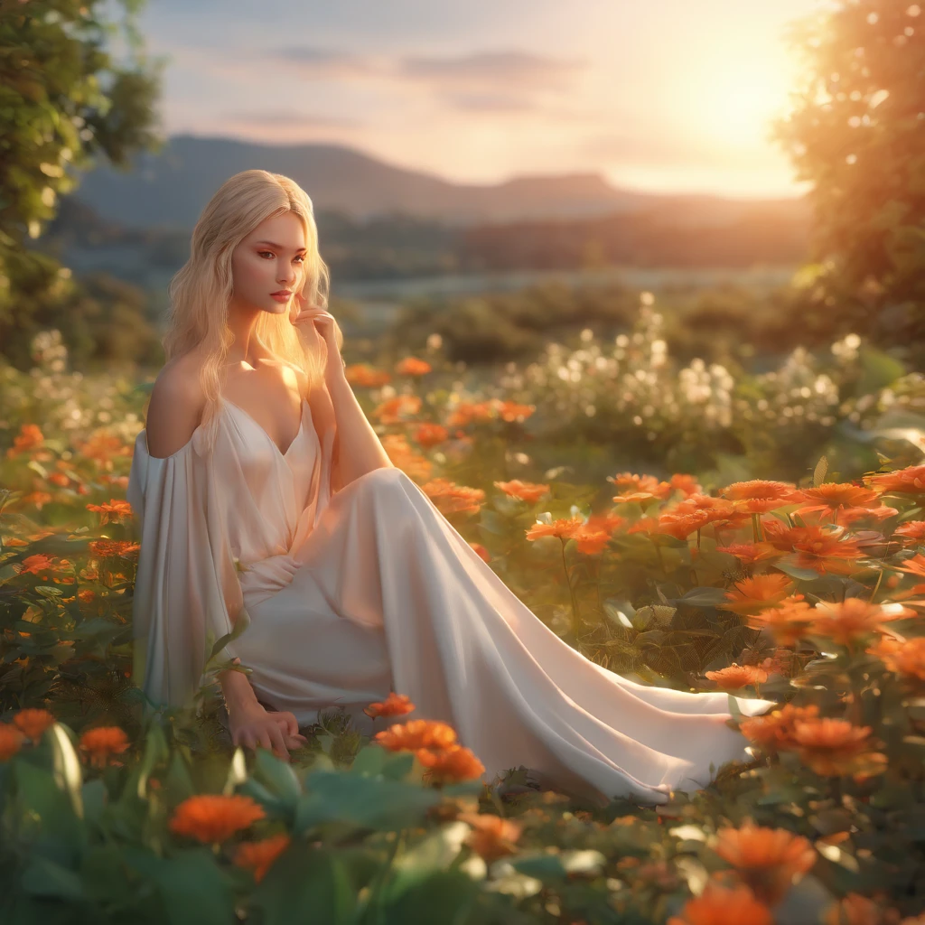 (masterpiece、top-quality)、One long blonde girl sitting in a field of green plants and flowers、Warm lighting、robe blanche、exposing skin、toppless、Not wearing underwear、Open legs、Blurred foreground at dusk