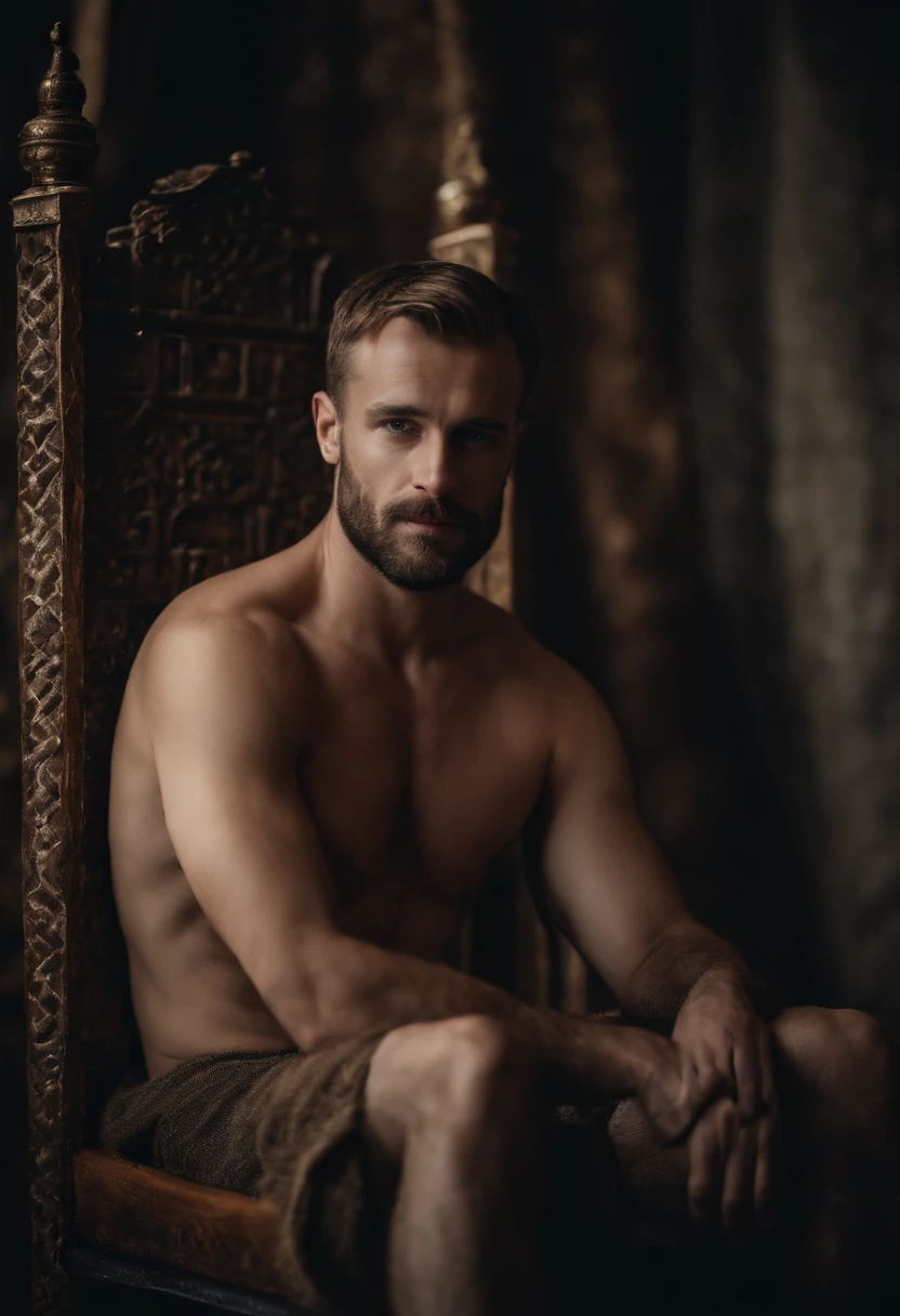 A clean European medieval naked man sitting on a throne and fit.
