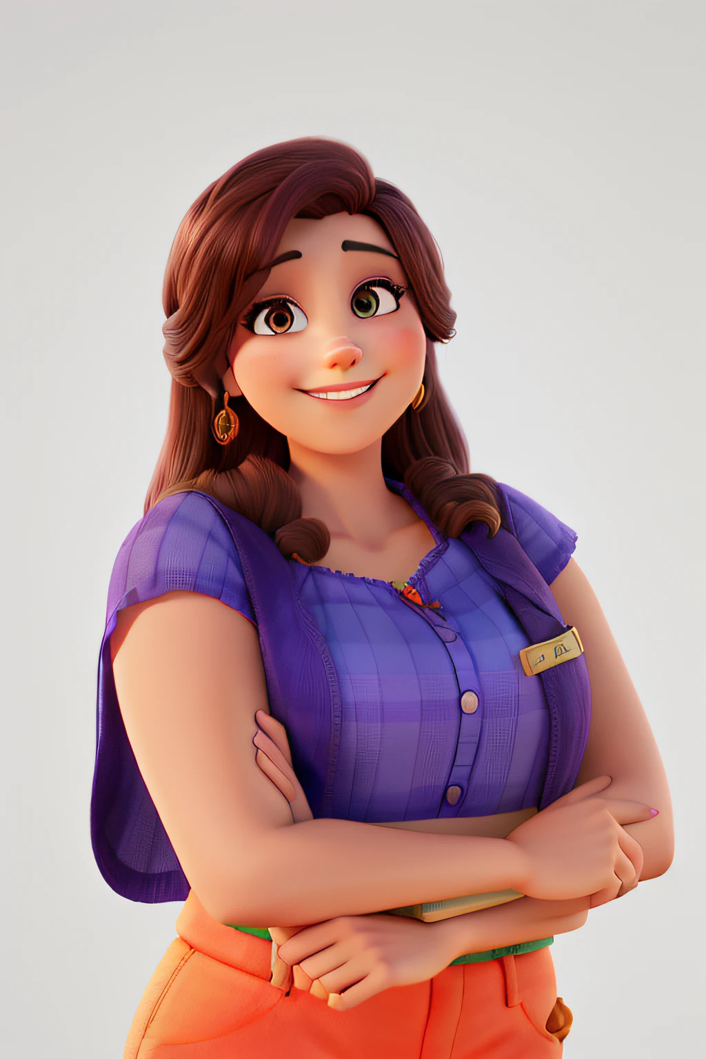 a woman in purple blouse and orange pants with smiling Disney pixar style, alta qualidade, melhor qualidade