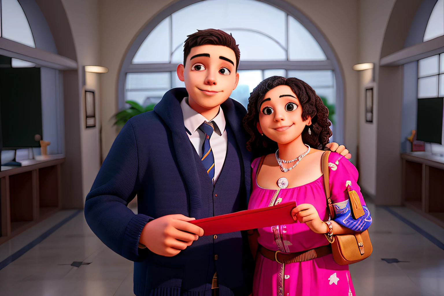A mother with her son celebrating his graduation from college standing in front, illuminated by the light of a lamp, contra o pano de fundo de uma biblioteca