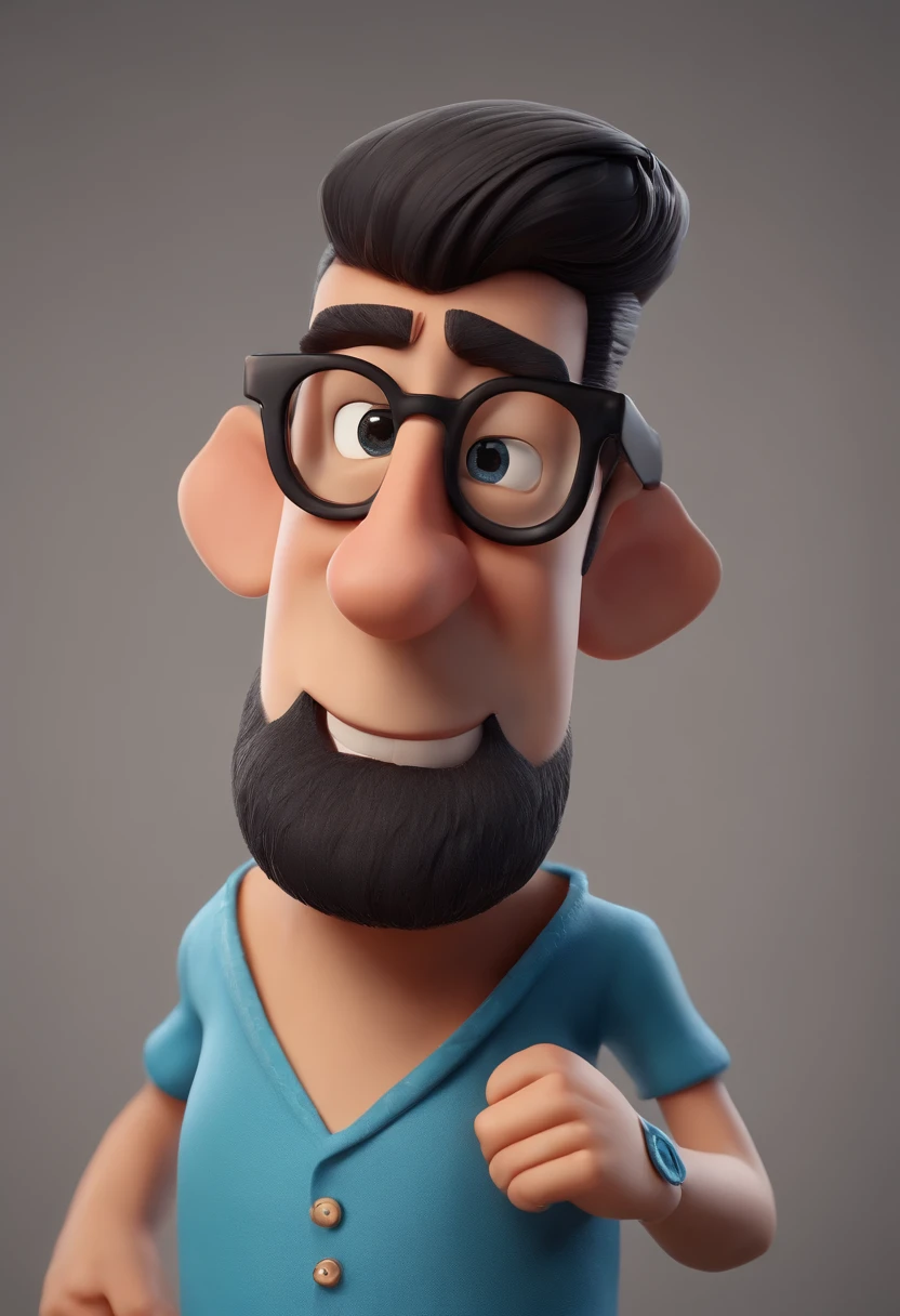 Cartoon character of a man wearing black glasses and a blue shirt, um personagem animado, Caractere estilizado, animation style rendering, 3D estilizado, Arnold Maya render, 3 d render stylized, toon render keyshot, Personagem 3D, Personagem 3D, 3d rendering stylized, 3 d character render, personagem de desenho animado, Personagem de close up, Pose de personagem, (Estilo Pixar) (master part:1.2) (Bokeh) (best quality) (pele detalhada) (textura detalhada) (8k) (argila) (Cinematic lighting) (foco nítido,Senta e vaza a parte superior do corpo