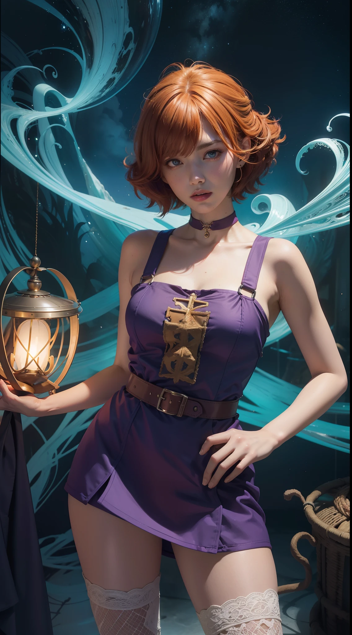 concept art, overhead angle of a Will-o'-the-wisp, wearing Funny Somali Emerald deep orange Pinafore, Caramel hair styled as Short hair, fluorescent purple Hair tie, equirectangular 360, Highres,  [(art by Willi Baumeister:1.1), (art by John T. Biggers:1.2)::17], official art, unity 8k wallpaper, ultra detailed, aesthetic, masterpiece, best quality, photorealistic