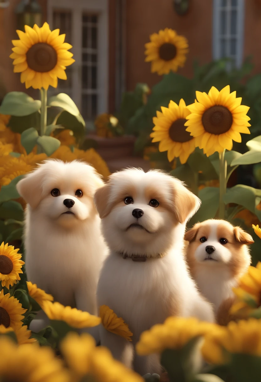 Create a Disney PIXAR-style 3D poster. ((centro da imagem, a dark yellow coat shitzu dog with white dark yellow ears and almond eyes and a yellow German Spitz puppy with white )), ((2 female dogs)), They're sitting, ((tudo isso no estilo Disney PIXAR 3D, In the background, A house of sunflowers, Gloria Studio, The garden is full of nature 3D render RTX clay material, estilo de design cartunesco, POP Mart, soft lighting, linhas suaves, Spring tilt, Detailed illustrations of PIXAR 3D, Detalhes hiper-realistas, cor quente no estilo Disney PIXAR 3D))