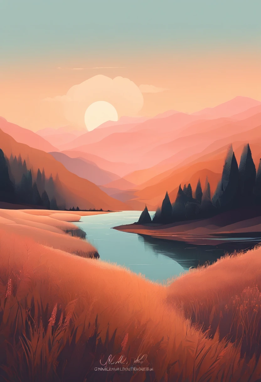 un paysage de nature minimaliste, en 3 couleurs pastels