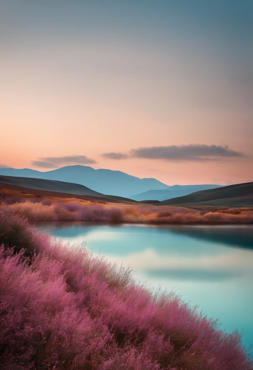un paysage de nature minimaliste, en 3 couleurs pastels