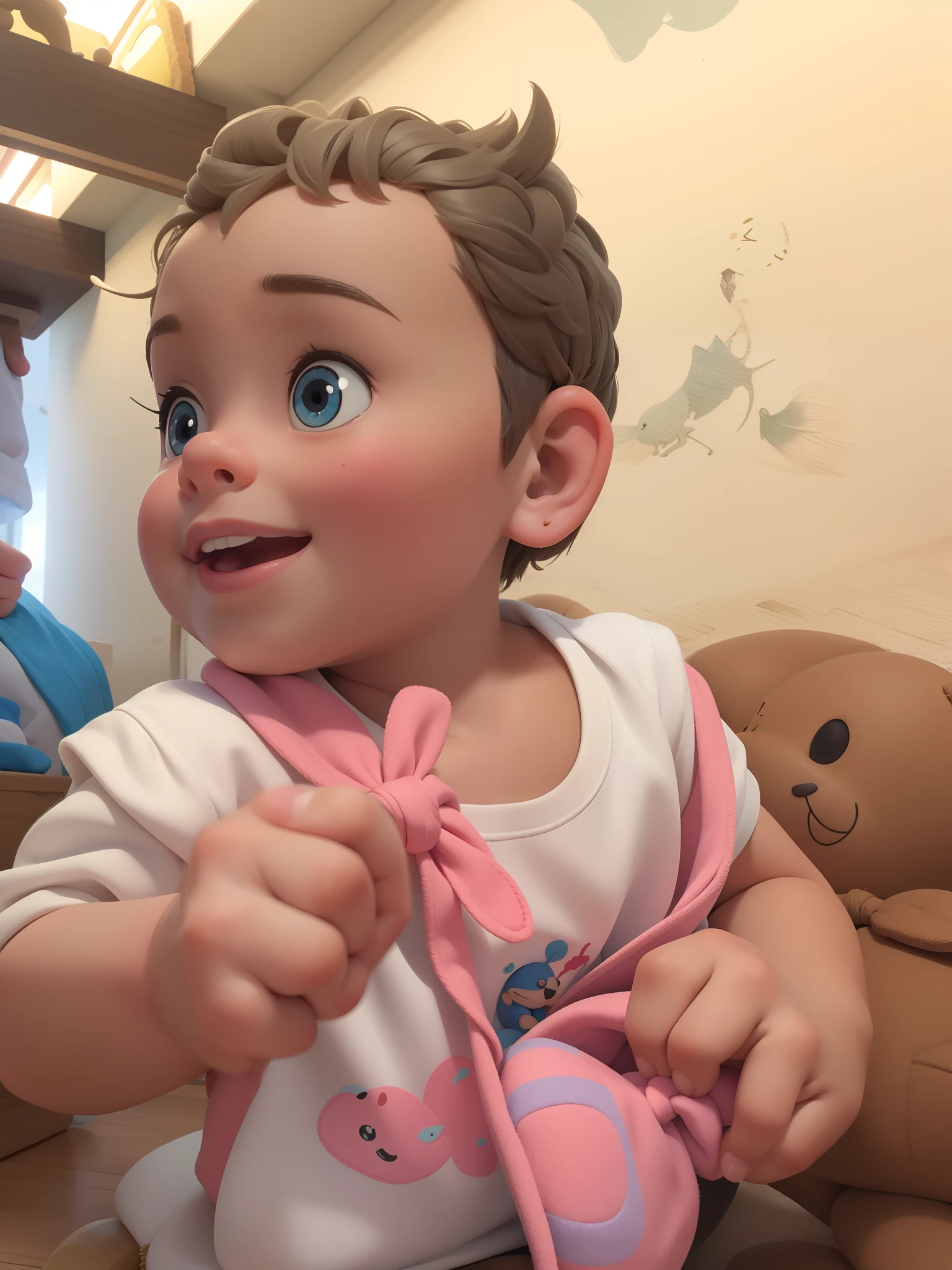there is a baby girl sitting on a chair with a pillow