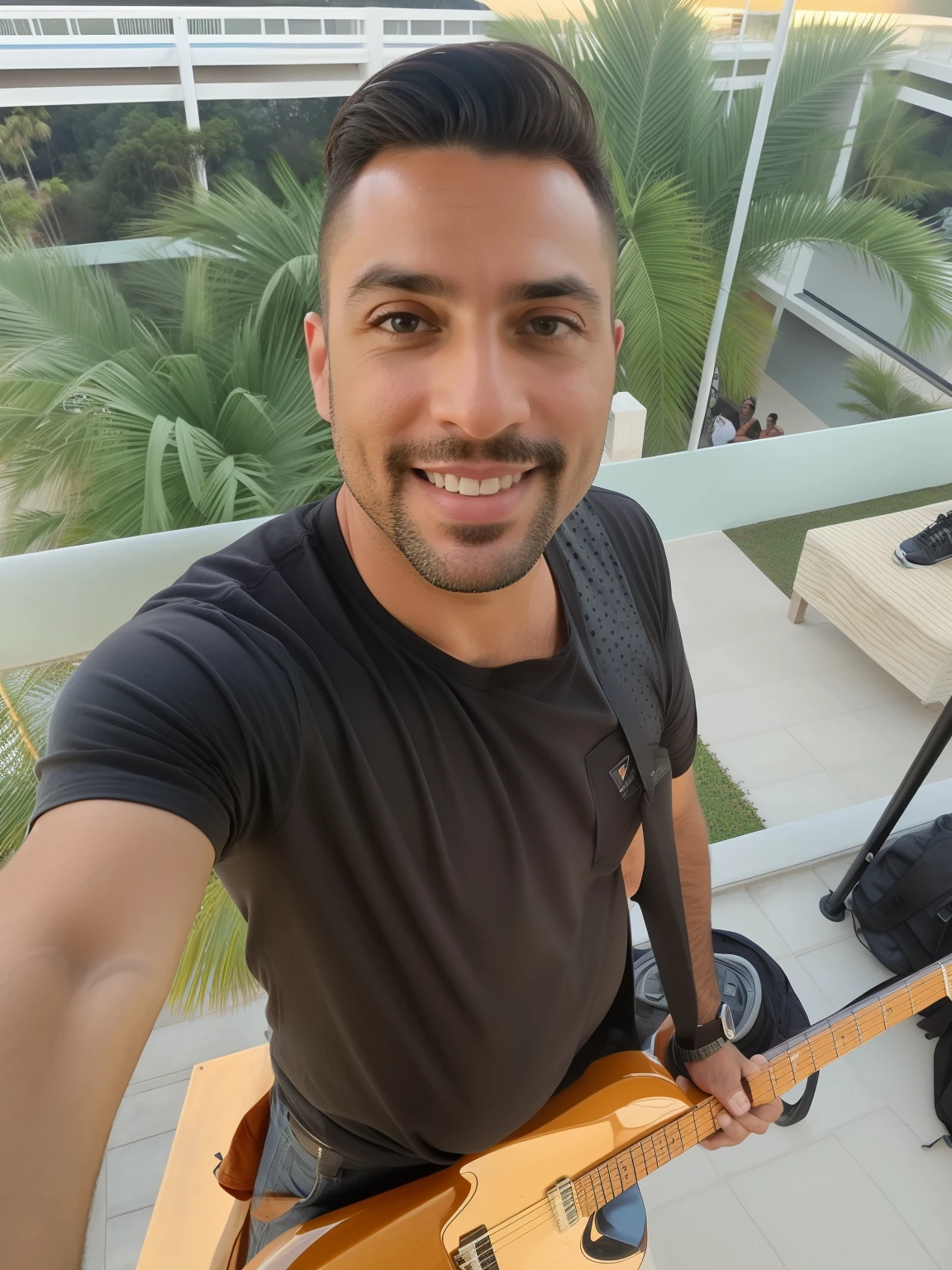 Homem de 37 anos, tirando selfie, plano de fundo um palco de um show com luzes