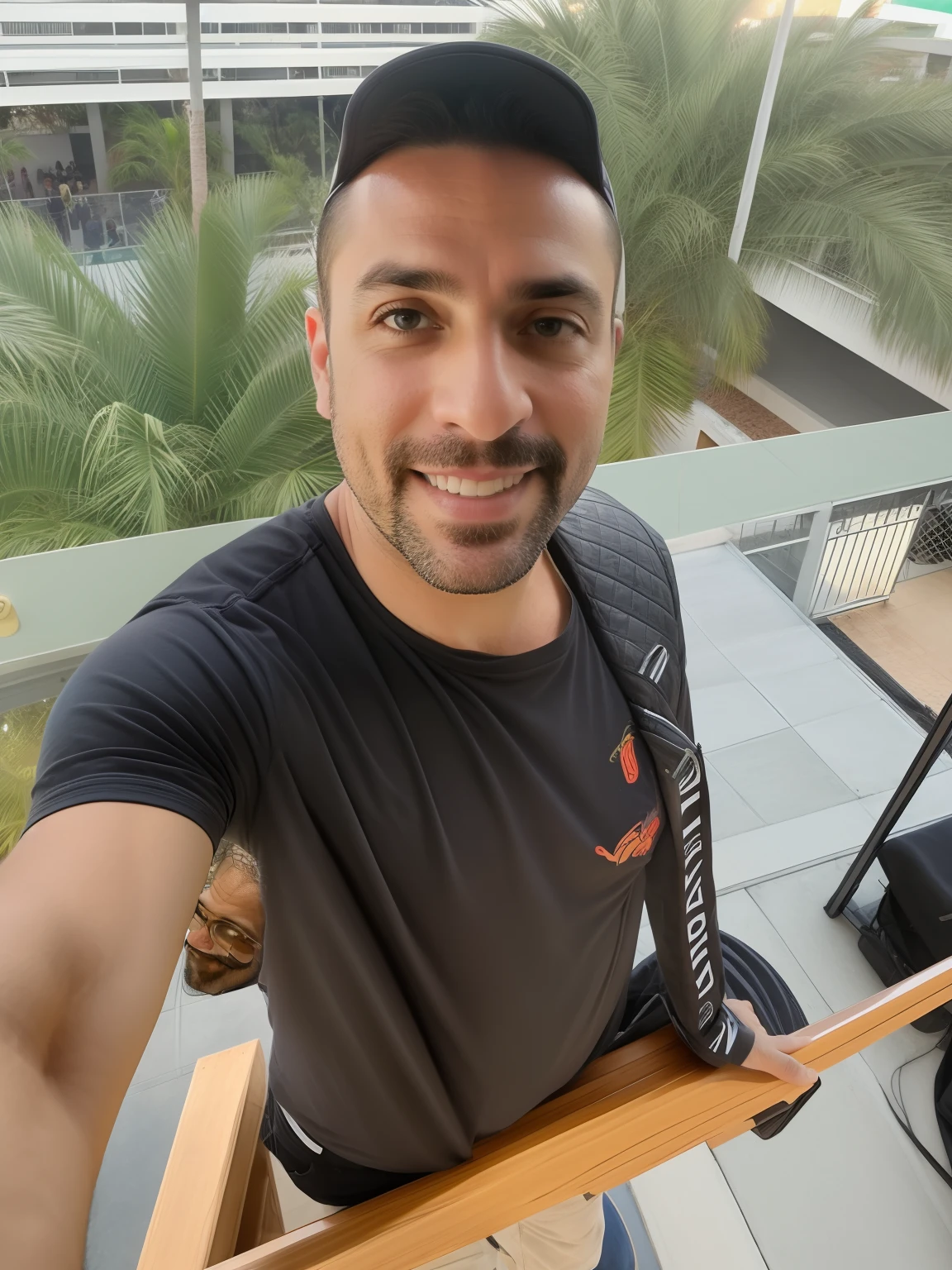 Homem de 37 anos, tirando selfie, plano de fundo um palco de um show com luzes