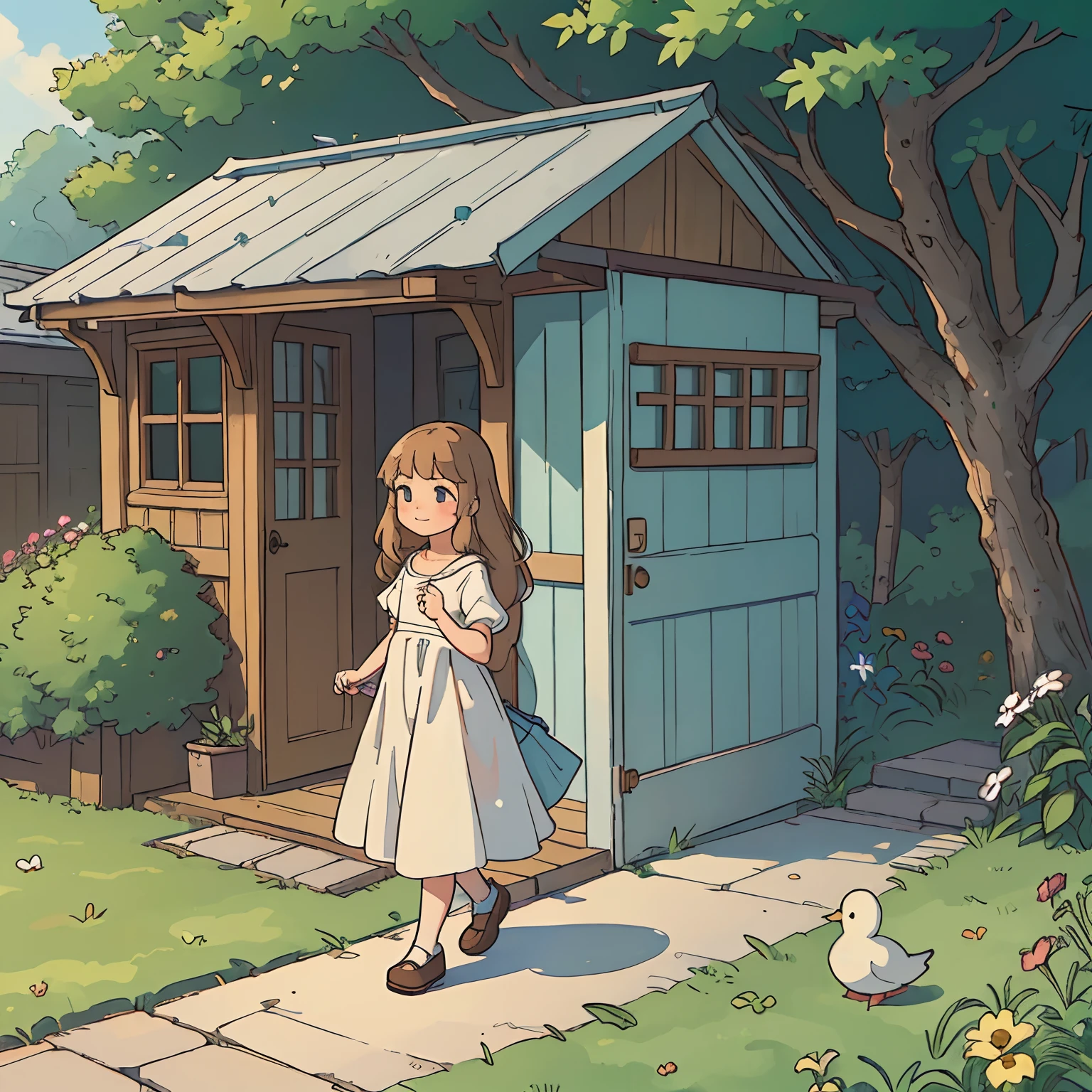 (best quality, highres, realistic:1.37), a girl walking towards a cozy wooden home, surrounded by vibrant flowers and lush greenery, medium:oil painting,soft colors, warm sunlight, detailed femininity, joyful expression,long curly hair,flowing white dress,summer atmosphere, playfulness,curious look,lively atmosphere, childlike innocence, delicate facial features, dreamy ambiance, charming countryside, small path leading to the house, inviting doorway, peaceful surroundings, magical surroundings, calm and serene, whimsical touch walking a duck home to it's family,