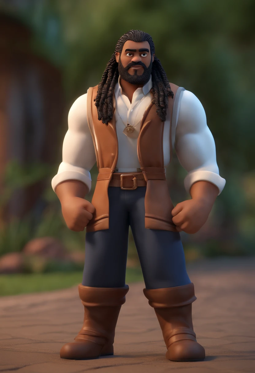 Personagem de desenho animado de um homem com dreadlocks preto,com bigode e cavanhaque usando preto, um personagem animado, Caractere estilizado, animation style rendering, 3D estilizado, Arnold Maya render, 3 d render stylized, toon render keyshot, Personagem 3D, Personagem 3D, 3d rendering stylized, 3 d character render, personagem de desenho animado, Personagem de close up, Pose de personagem, (Estilo Pixar) (master part:1.2) (Bokeh) (best quality) (pele detalhada) (textura detalhada) (8k) (argila) (Cinematic lighting) (foco nítido，Senta e vaza a parte superior do corpo