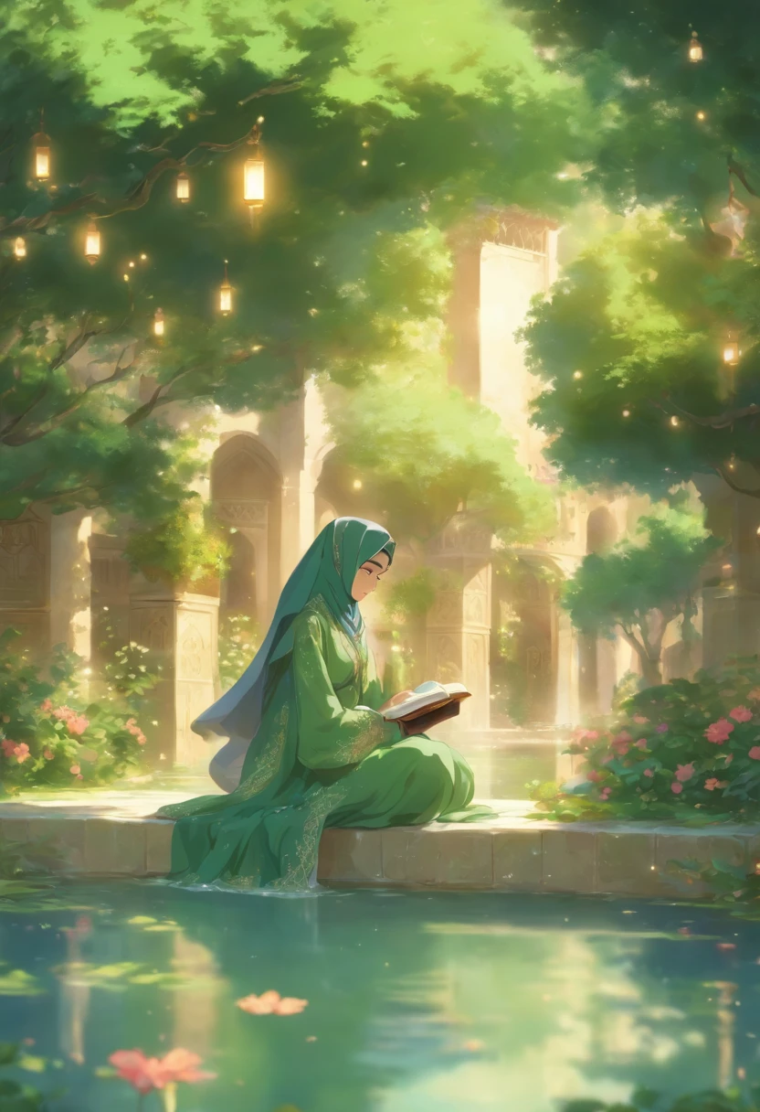 A young Persian woman wears a flowing green gamis abaya and hijab, sits in a quiet courtyard  beside a persian garden pond , reading a book. Sunlight shines through the branches of a tree, casting dappled shadows on her face,  . Her gamis abaya is embroidered with intricate gold and silver threads. She wears a delicate necklaceThe garden is lush and green, towering trees and colorful flowers. A fountain gurgles in the distance,   dark cyan and indigo color theme