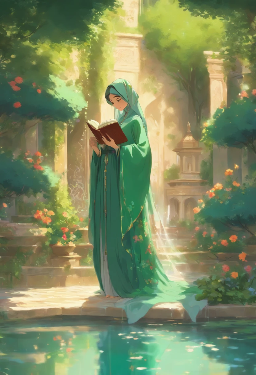 A young Persian woman wears a flowing green gamis abaya and hijab, sits in a quiet courtyard beside a persian garden pond , reading a book. Sunlight shines through the branches of a tree, casting dappled shadows on her face, . Her gamis abaya is embroidered with intricate gold and silver threads. She wears a delicate necklaceThe garden is lush and green, towering trees and colorful flowers. A fountain gurgles in the distance, dark cyan and indigo color theme