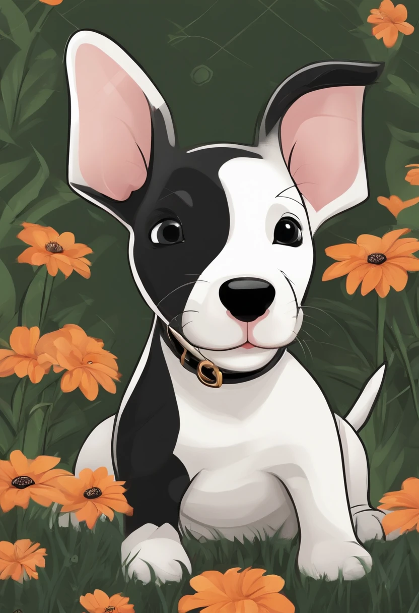 Cartoon character of a bull terrier puppy, de cor branca, com uma mancha preta no olho direito, mordendo um pneu pequeno de brinquedo, dentro de uma casinha de cachorro num quintal com bastante flores, grama e uma casa branca no fundo no estilo desenho pixar