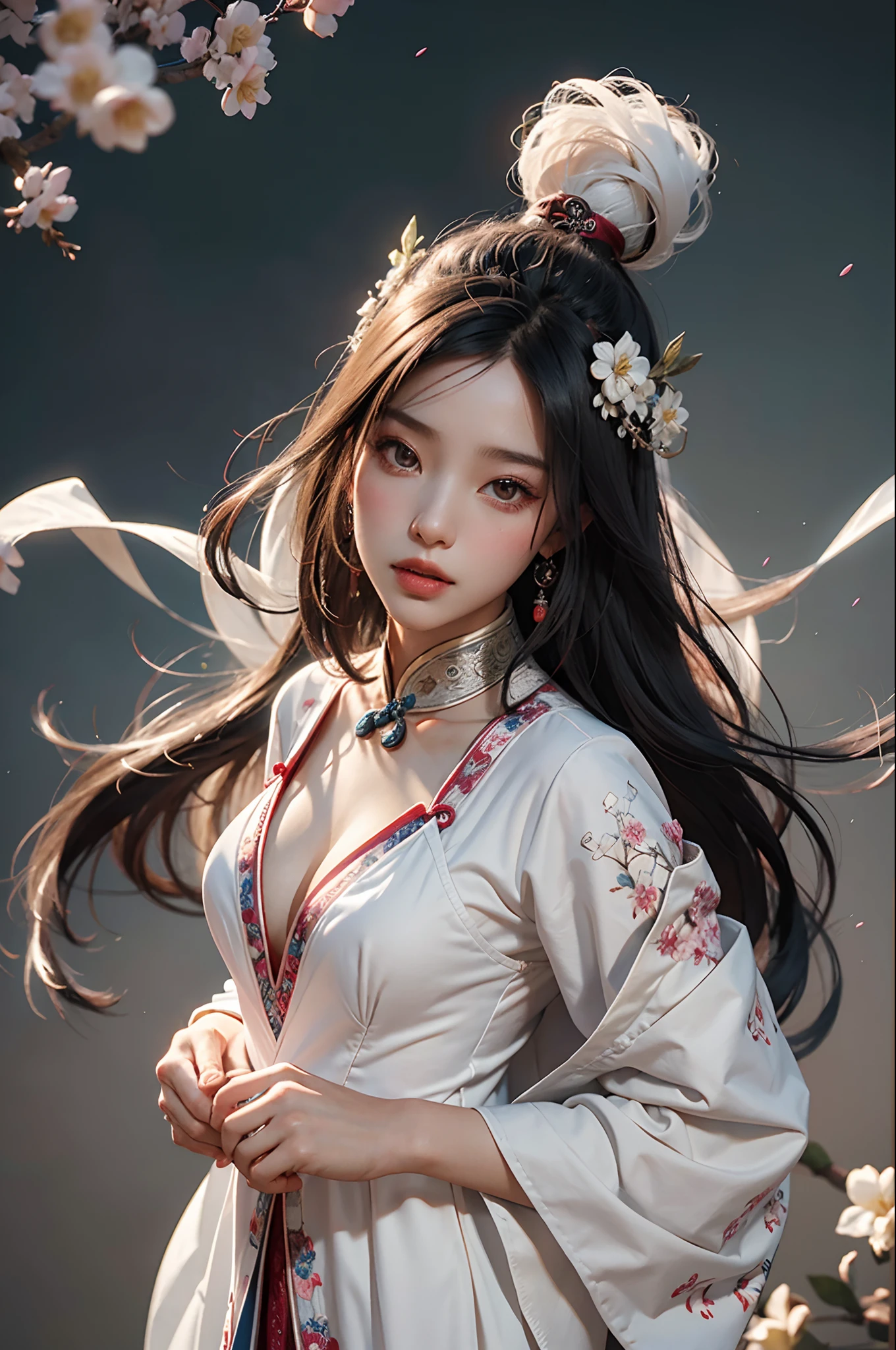 zhongfenghua, 1girl, (full body) solo, hanfu, flower field, blossom, (white smokes:1.3) (photorealistic:1.4), zentangle, mandala, entangle, official art, unity 8k wallpaper, ultra detailed, beautiful and aesthetic, masterpiece,best quality, (dynamic angle:1.4), glowing skin, (floating colorful sparkles:1) the most beautiful form of chaos, elegant, a brutalist designed, vivid colours, romanticism depth of field,