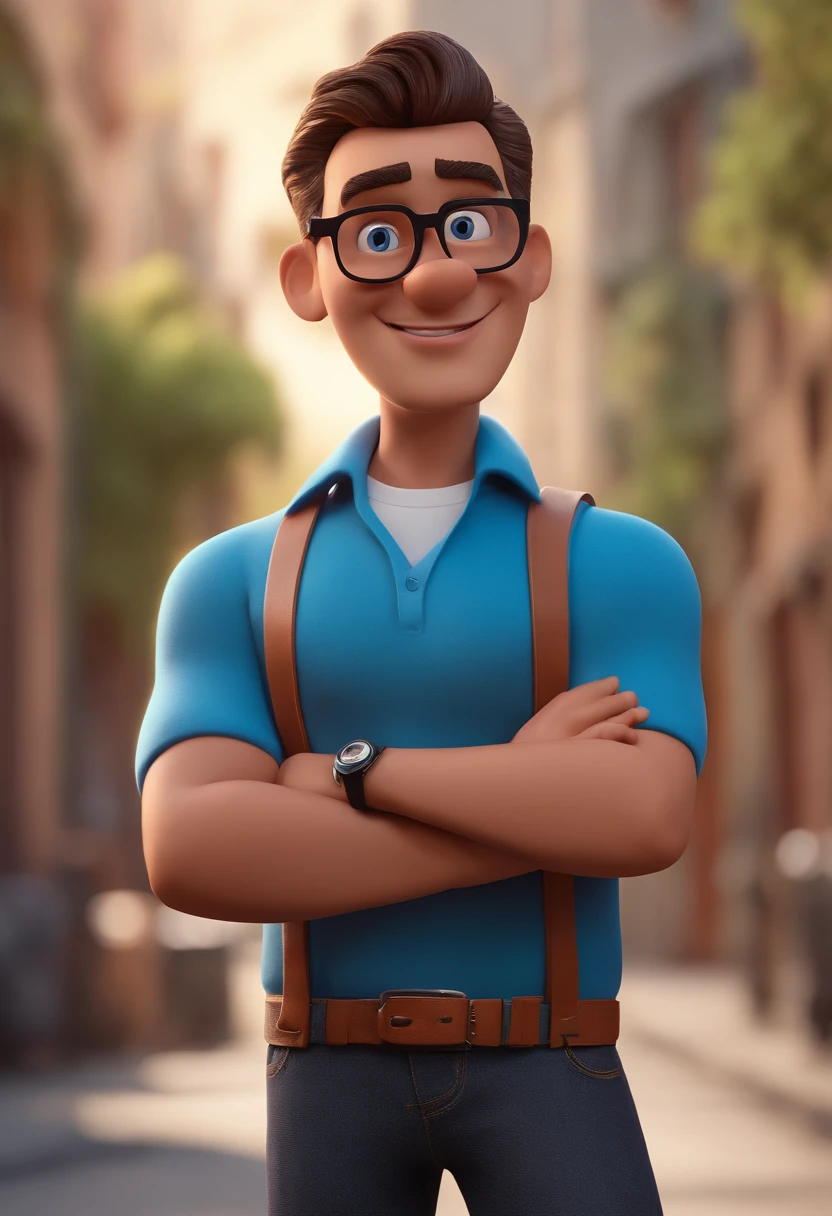Cartoon character of a man with black glasses and a blue shirt, animation character, Caractere estilizado, animation style rendering, 3D estilizado, Arnold Maya render, 3 d render stylized, toon render keyshot, Personagem 3D, Personagem 3D, 3d rendering stylized, 3 d character render, personagem de desenho animado, Personagem de close up, Pose de personagem, (Estilo Pixar) (master part:1.2) (Bokeh) (best quality) (pele detalhada) (textura detalhada) (8k) (argila) (Cinematic lighting) (foco nítido