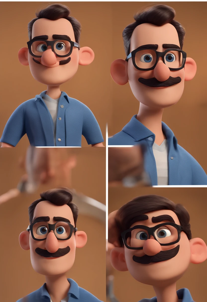 Cartoon character of a man with black glasses and a blue shirt, animation character, Caractere estilizado, animation style rendering, 3D estilizado, Arnold Maya render, 3 d render stylized, toon render keyshot, Personagem 3D, Personagem 3D, 3d rendering stylized, 3 d character render, personagem de desenho animado, Personagem de close up, Pose de personagem,  (Estilo Pixar) (master part:1.2) (Bokeh) (best quality) (pele detalhada) (textura detalhada) (8k) (argila) (Cinematic lighting) (foco nítido