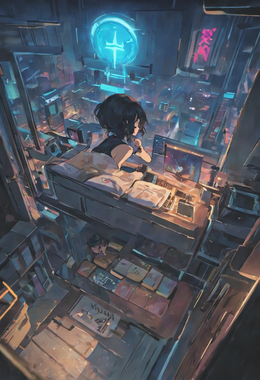 uma mulher branca,de cabelo castanho,todo preso,usando pijama curto,She's using a black alienware laptop.o outro,It's a white man with black hair,in knee-high shorts,sem camisa,usando um pc gamer com led.quarto de games escuro com quadros do senhor dos aneis. The two of them are sitting with their backs turned, com os dois personagens usando a mesma mesa longa de madeira e com gavetas. He's on the left side, ele do lado direito