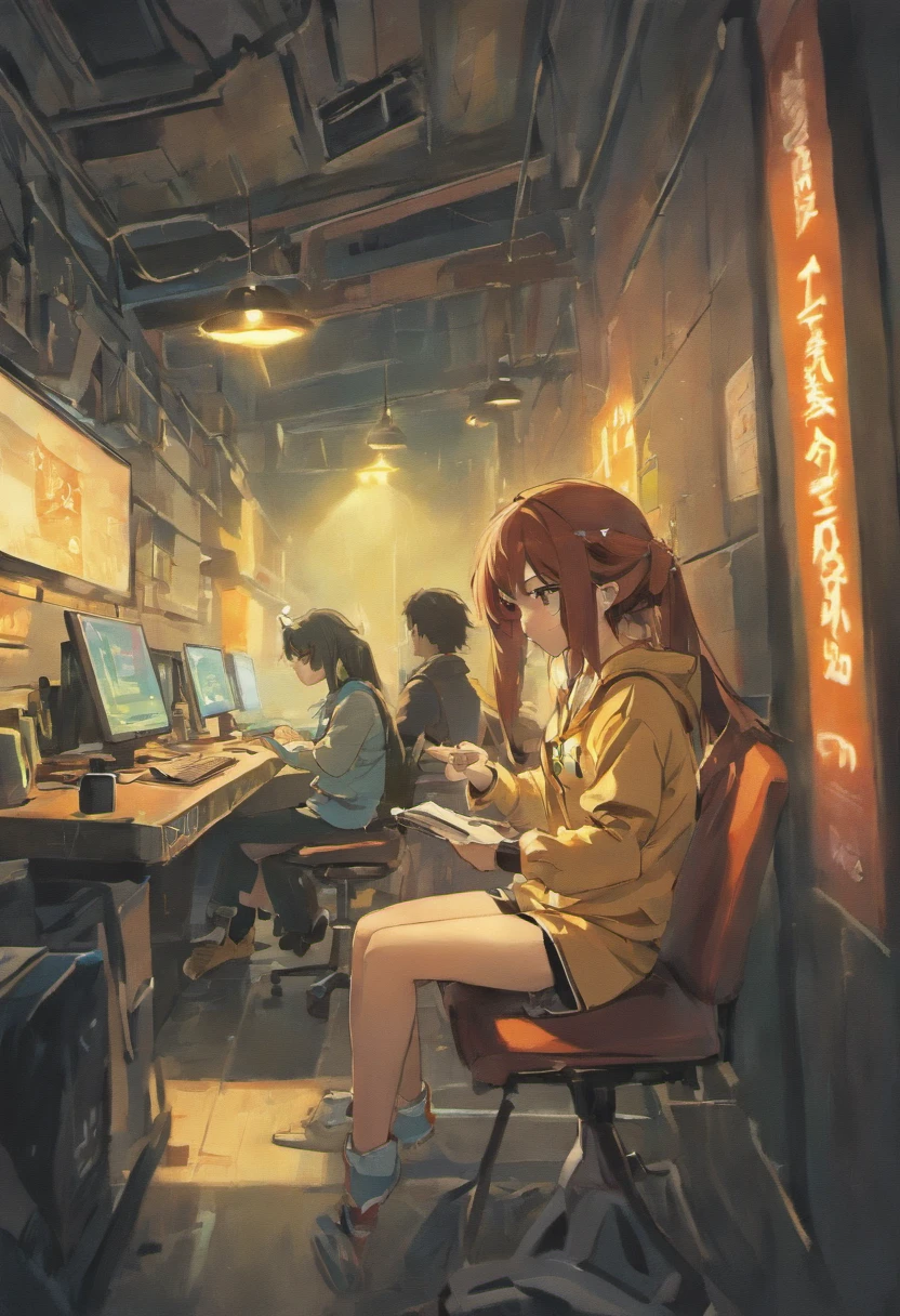uma mulher branca,de cabelo castanho,todo preso,usando pijama curto,She's using a black alienware laptop.o outro,It's a white man with black hair,in knee-high shorts,sem camisa,usando um pc gamer com led.quarto de games escuro com quadros do senhor dos aneis. The two of them are sitting with their backs turned, com os dois personagens usando a mesma mesa longa de madeira e com gavetas. He's on the left side, ele do lado direito