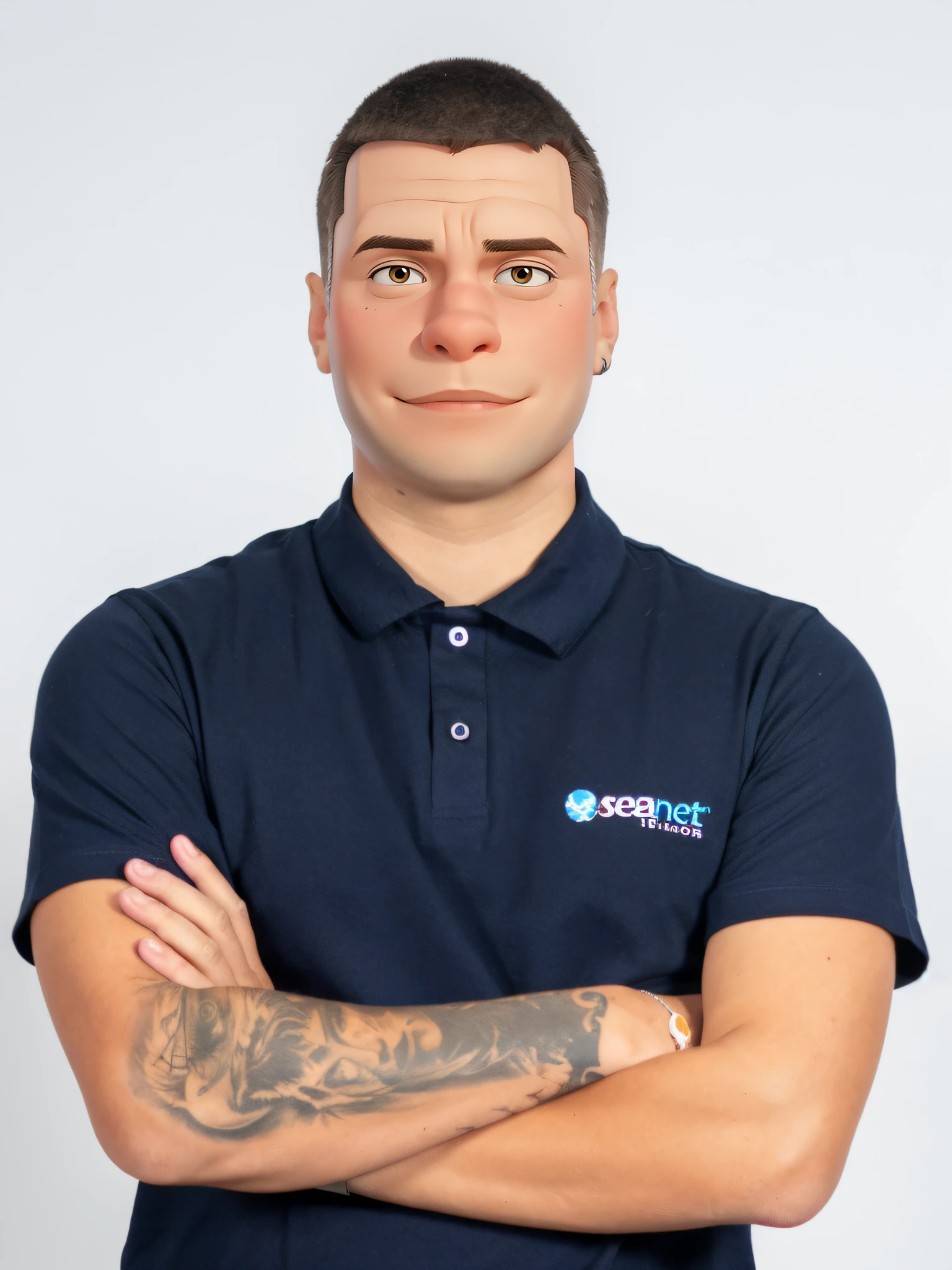 obra prima, de alta qualidade, A young man with shaved hair and crossed arms in Disney Pixar style