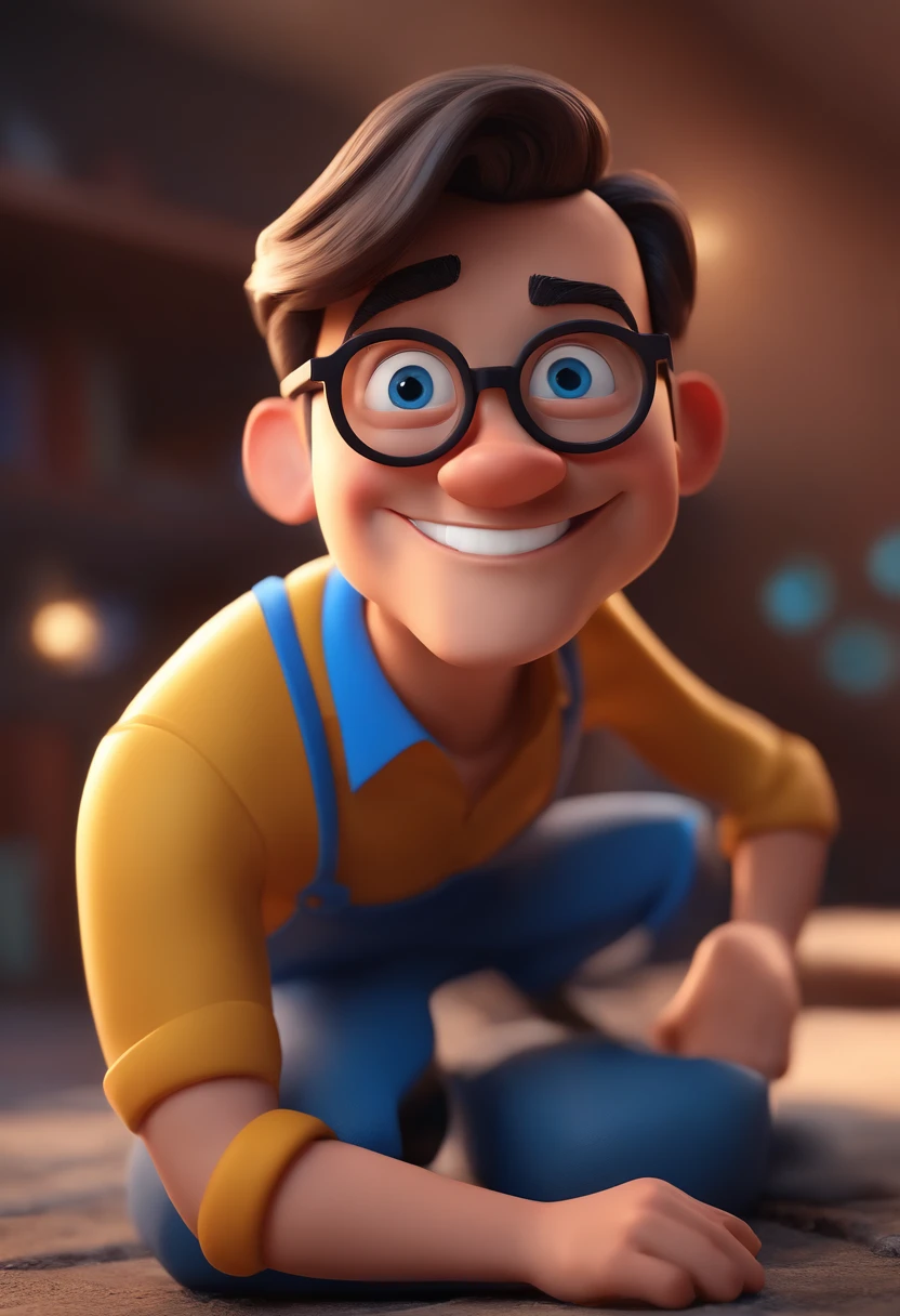 Cartoon character of a man with black glasses and a blue shirt, animation character, Caractere estilizado, animation style rendering, 3D estilizado, Arnold Maya render, 3 d render stylized, toon render keyshot, Personagem 3D, Personagem 3D, 3d rendering stylized, 3 d character render, personagem de desenho animado, Personagem de close up, Pose de personagem, (Estilo Pixar) (master part:1.2) (Bokeh) (best quality) (pele detalhada) (textura detalhada) (8k) (argila) (Cinematic lighting) (foco nítido