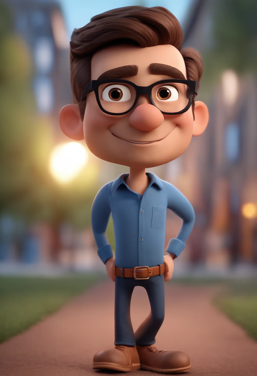 Cartoon character of a man with black glasses and a blue shirt, animation character, Caractere estilizado, animation style rendering, 3D estilizado, Arnold Maya render, 3 d render stylized, toon render keyshot, Personagem 3D, Personagem 3D, 3d rendering stylized, 3 d character render, personagem de desenho animado, Personagem de close up, Pose de personagem, (Estilo Pixar) (master part:1.2) (Bokeh) (best quality) (pele detalhada) (textura detalhada) (8k) (argila) (Cinematic lighting) (foco nítido