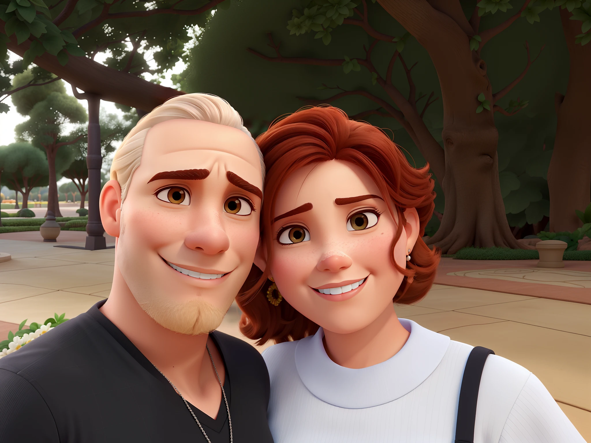 pareja exactamente igual que la de la foto (Hombre moreno y mujer blanca) Estilo Disney Pixar, Alta calidad, mejor calidad.