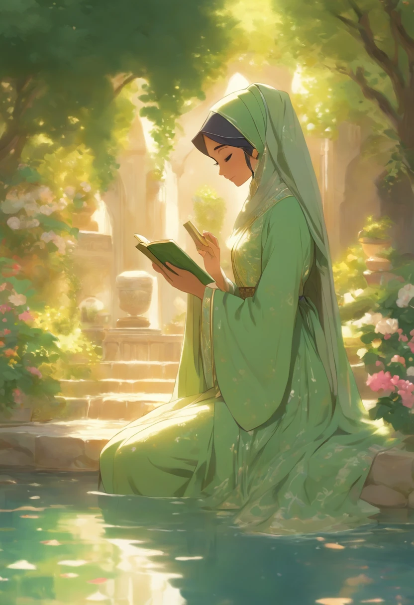 A young Persian woman wears a flowing green gamis abaya and hijab, sits in a quiet courtyard beside a persian garden pond , reading a book. Sunlight shines through the branches of a tree, casting dappled shadows on her face, . Her gamis abaya is embroidered with intricate gold and silver threads. She wears a delicate necklaceThe garden is lush and green, towering trees and colorful flowers. A fountain gurgles in the distance, dark cyan and indigo color theme