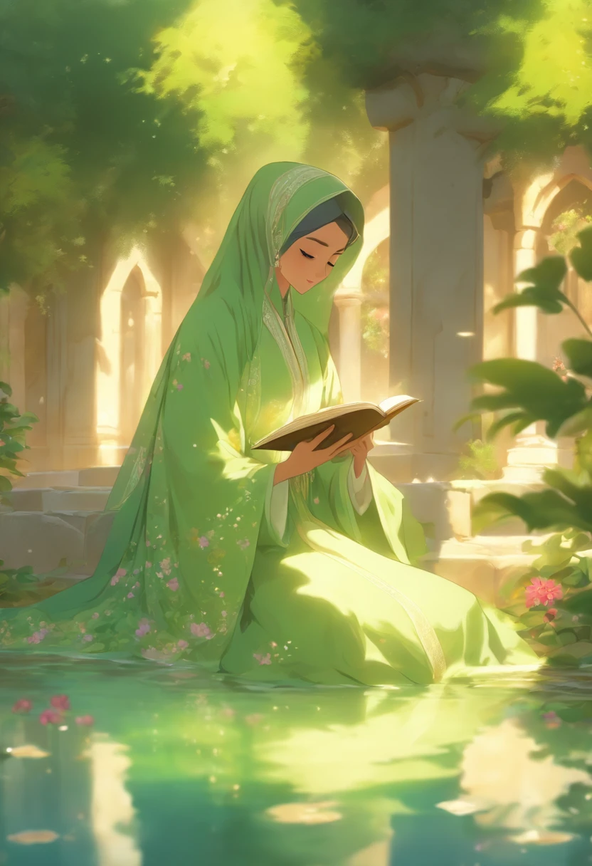 A young Persian woman wears a flowing green gamis abaya and hijab, sits in a quiet courtyard beside a persian garden pond , reading a book. Sunlight shines through the branches of a tree, casting dappled shadows on her face, . Her gamis abaya is embroidered with intricate gold and silver threads. She wears a delicate necklaceThe garden is lush and green, towering trees and colorful flowers. A fountain gurgles in the distance, dark cyan and indigo color theme