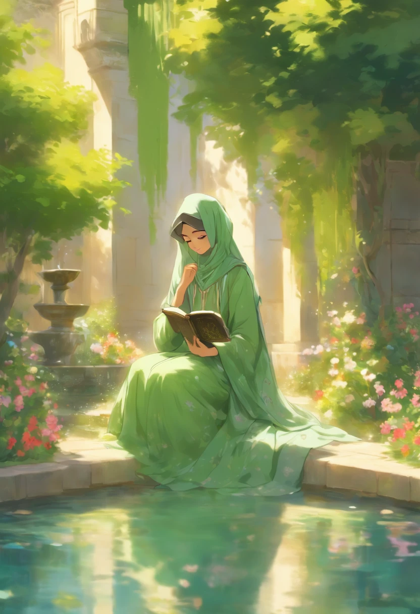 A young Persian woman wears a flowing green gamis abaya and hijab, sits in a quiet courtyard beside a persian garden pond , reading a book. Sunlight shines through the branches of a tree, casting dappled shadows on her face, . Her gamis abaya is embroidered with intricate gold and silver threads. She wears a delicate necklaceThe garden is lush and green, towering trees and colorful flowers. A fountain gurgles in the distance, dark cyan and indigo color theme
